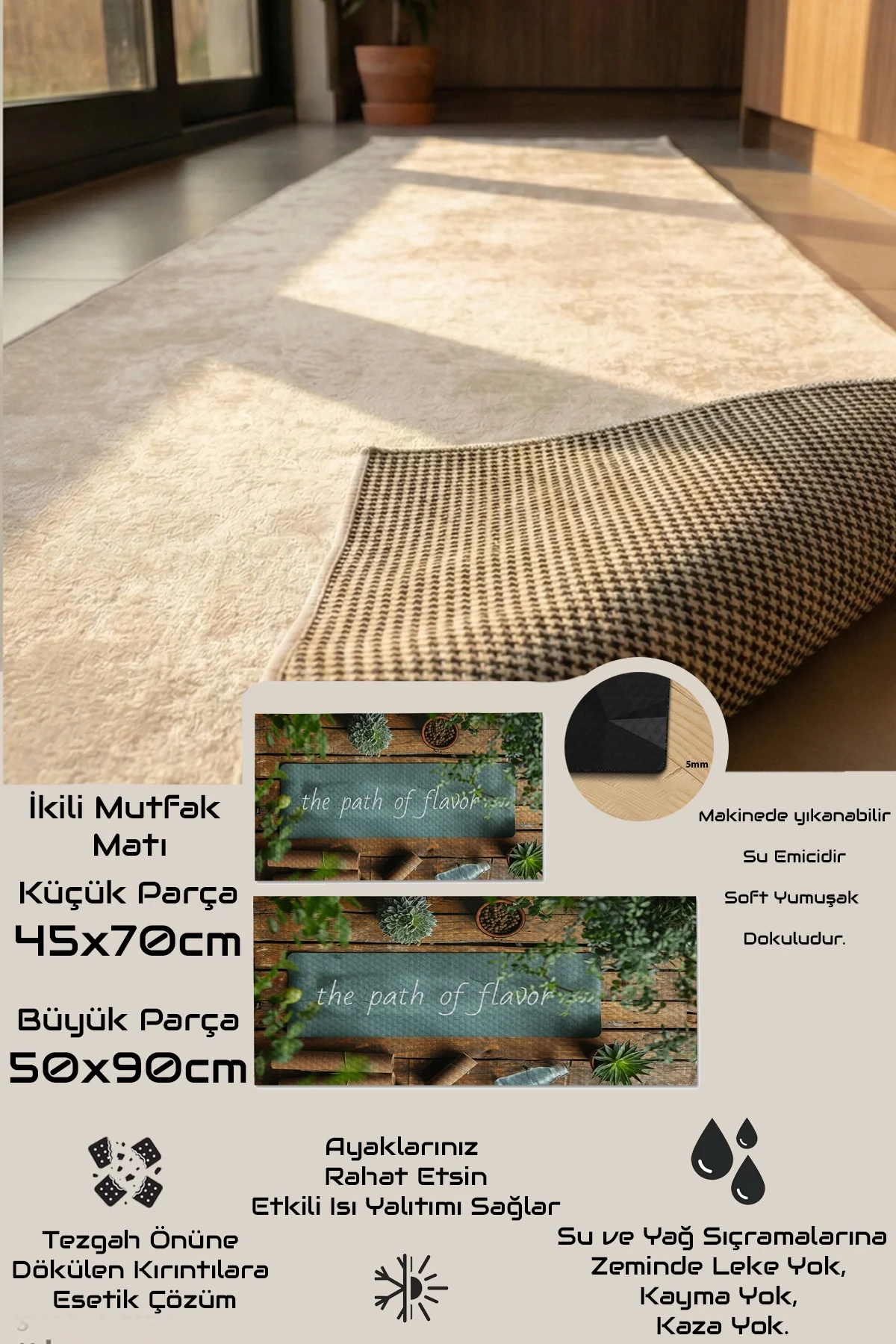 Valerine Life Mutfak Yolluğu Halısı Kaktüslü Yeşil Tezgah Önü Paspası İkili Kilim Takımı Döküntülere Estetik Çözüm Matı