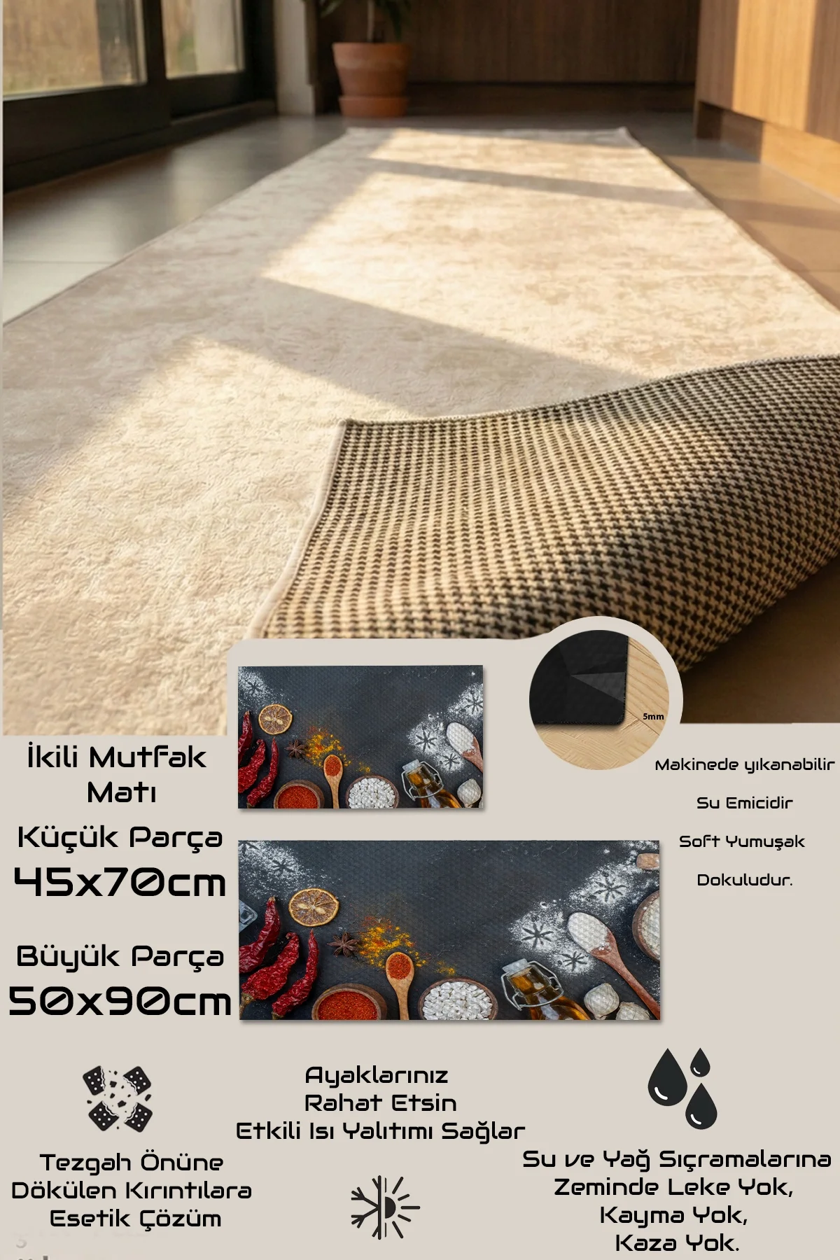 Valerine Life Mutfak Yolluğu Halısı Baharatlı Kuru Biberli Siyah Tezgah Önü Paspası İkili Kilim Takımı Döküntülere Estetik Çözüm Matı