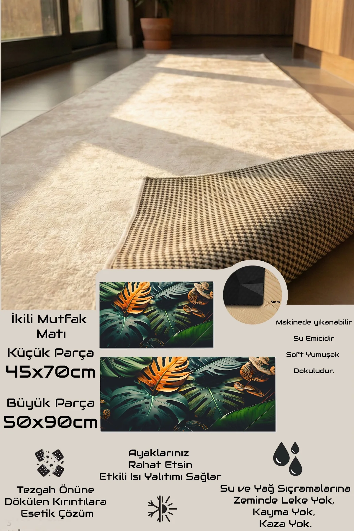 Valerine Life Mutfak Yolluğu Halısı Yeşil Palmiye Yapraklı Tezgah Önü Paspası İkili Kilim Takımı Döküntülere Estetik Çözüm Matı