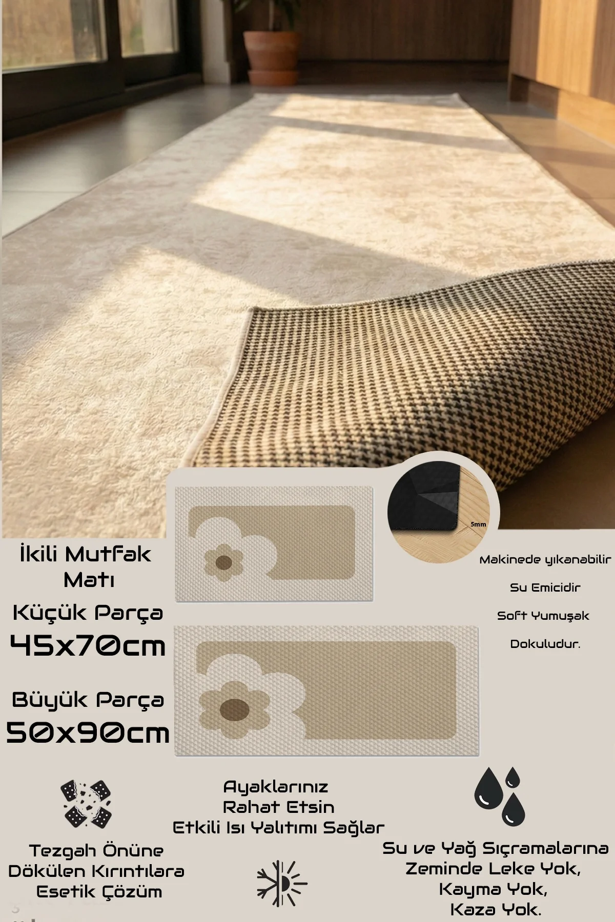 Valerine Life Mutfak Yolluğu Halısı Papatyalı Krem Rengi Tezgah Önü Paspası İkili Kilim Takımı Döküntülere Estetik Çözüm Matı