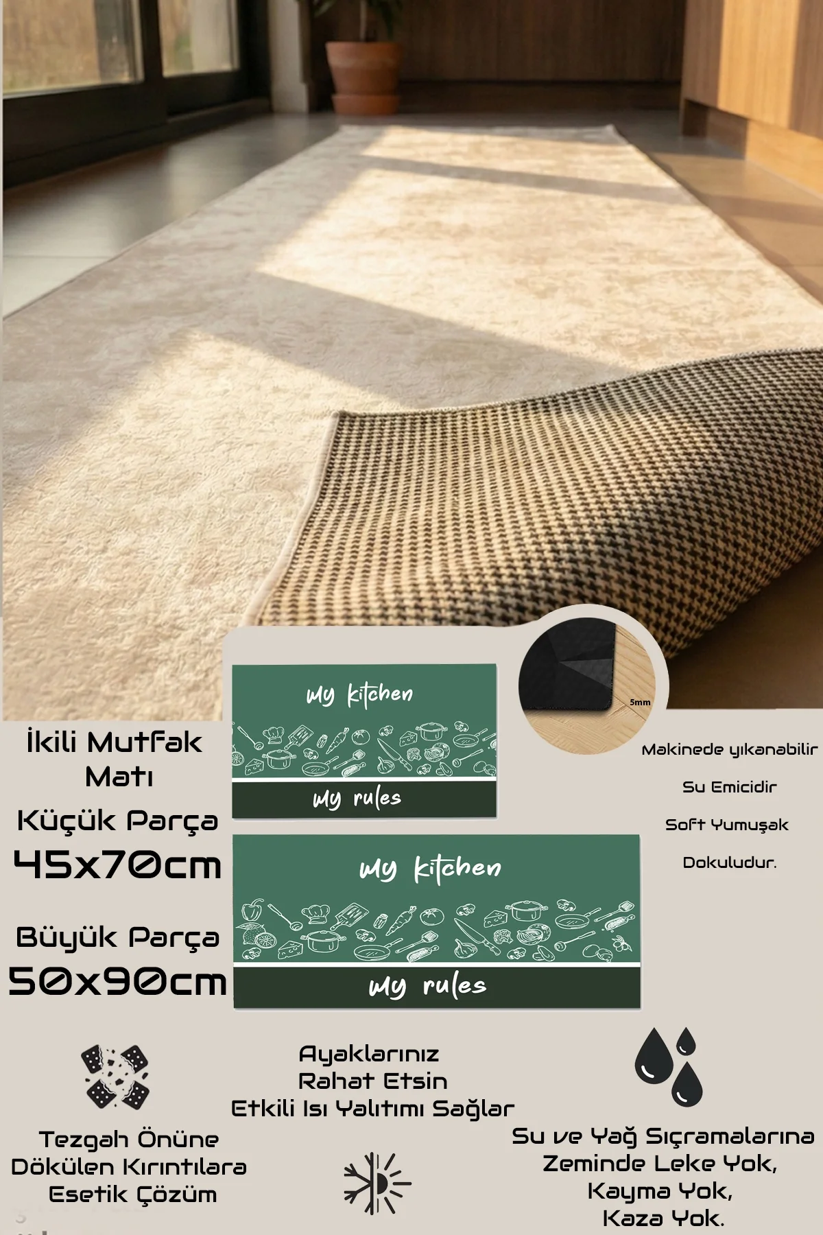 Valerine Life Mutfak Yolluğu Halısı Benim Mutfağım Benim Kurallarım Tezgah Önü Paspası İkili Kilim Takımı Döküntülere Estetik Çözüm Matı
