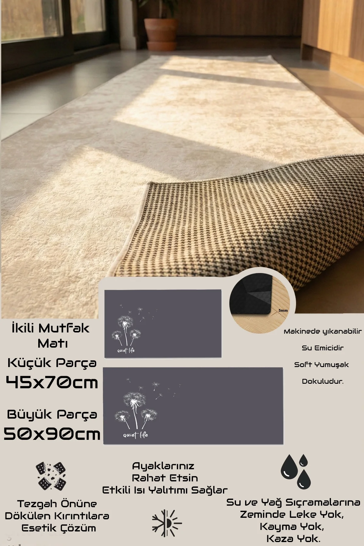 Valerine Life Mutfak Yolluğu Halısı Quiet Life Sakin Yaşam Gri Tezgah Önü Paspası İkili Kilim Takımı Döküntülere Estetik Çözüm Matı