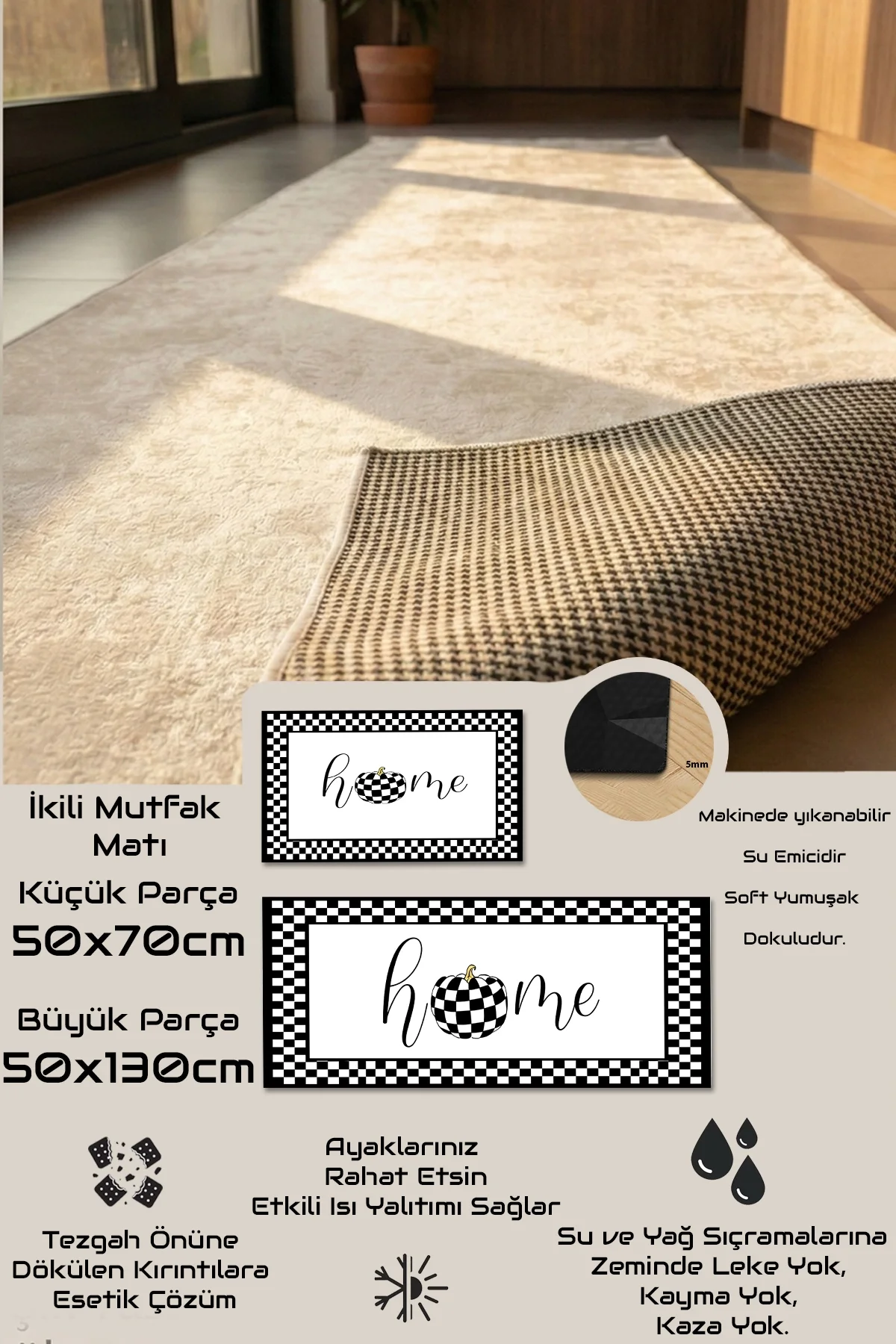 Valerine Life Mutfak Yolluğu Halısı Home Tezgah Önü Paspası İkili Kilim Takımı Döküntülere Estetik Çözüm Matı