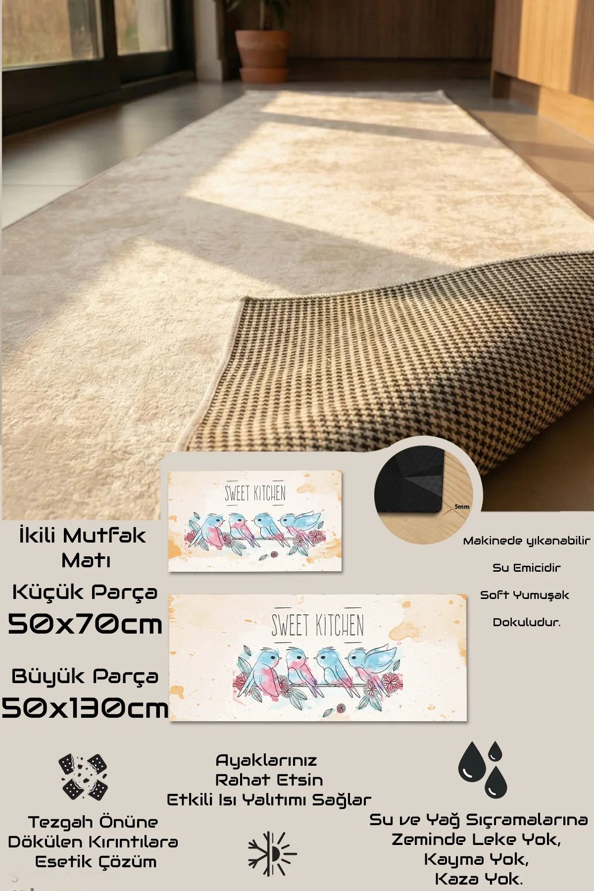 Valerine Life Mutfak Yolluğu Halısı Sweet Kitchen Krem Renk Tezgah Önü Paspası İkili Kilim Takımı Döküntülere Estetik Çözüm Matı