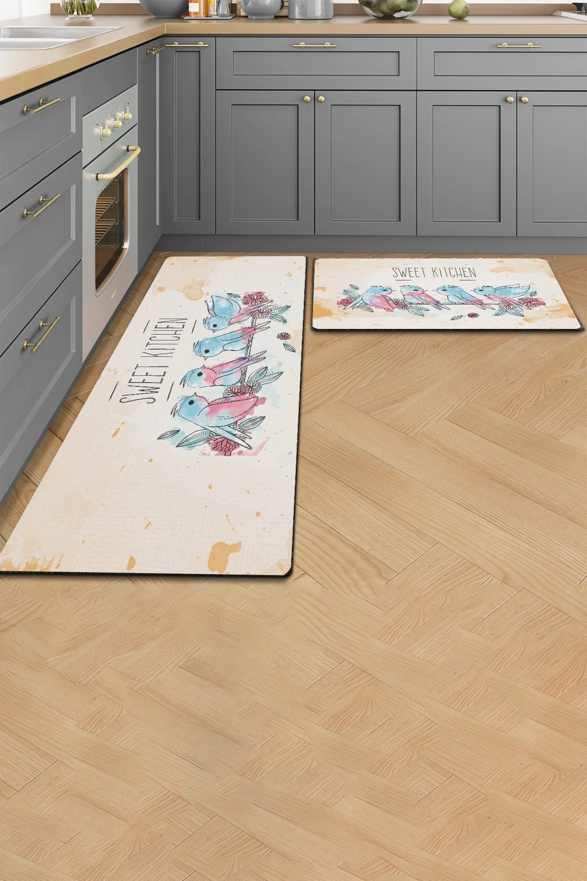 Valerine Life Mutfak Yolluğu Halısı Sweet Kitchen Krem Renk Tezgah Önü Paspası İkili Kilim Takımı Döküntülere Estetik Çözüm Matı
