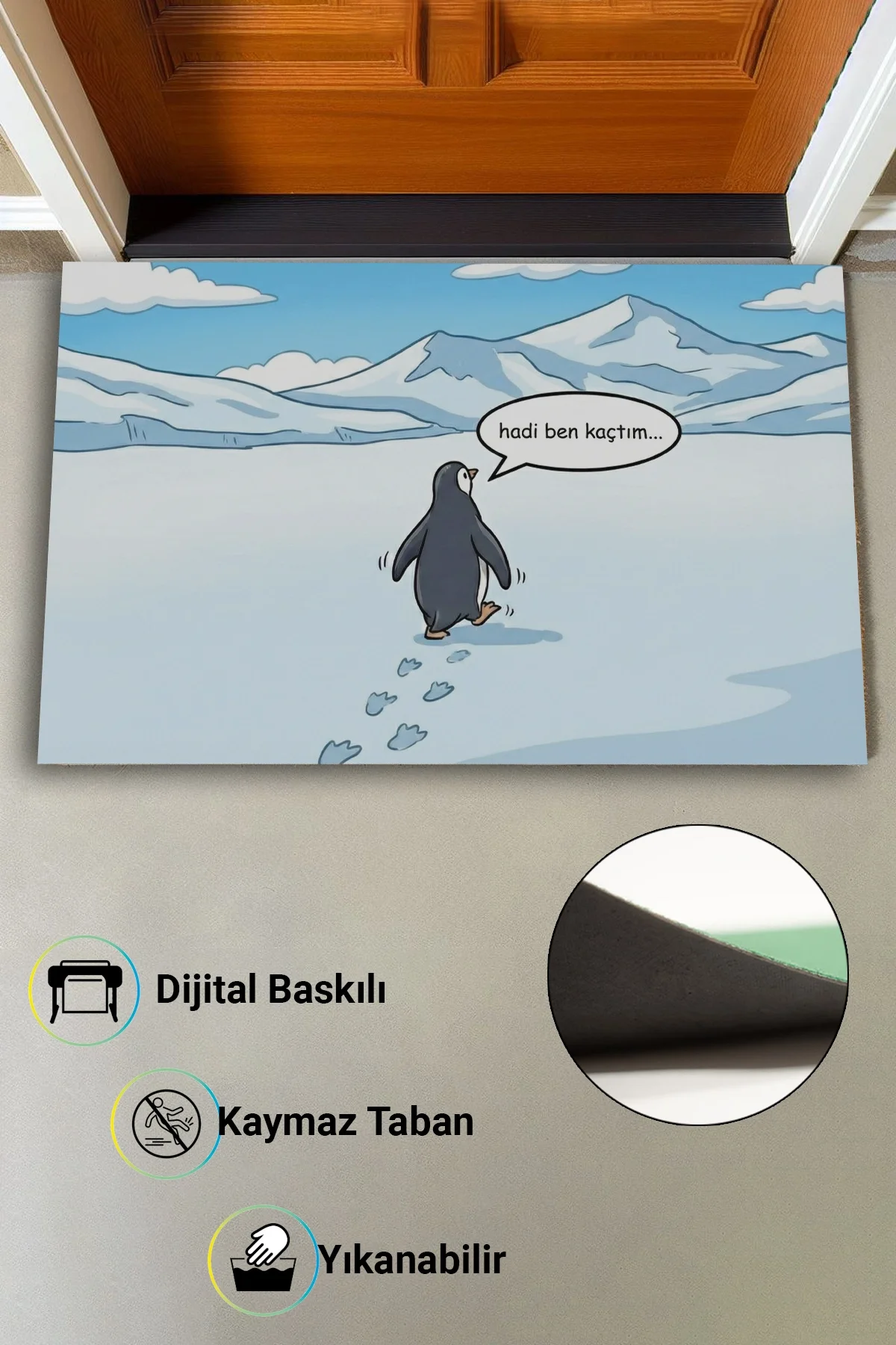 Valerine Life Nihilist Penguen Hadi Ben Kaçtım Dijital Baskılı Ev Ofis İş Yeri Kapı Önü Paspası 45x70cm