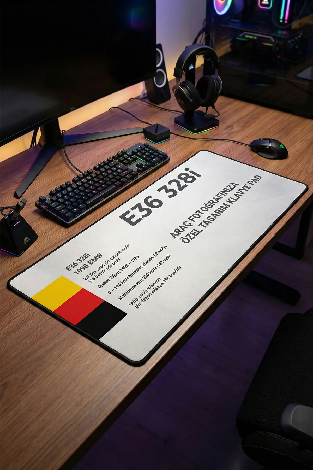SonicTouch Kişiye isme Araca Özel Fotoğraflı XXL Dikişsiz Gamer Arabalı Klavye Mousepad 40x90cm