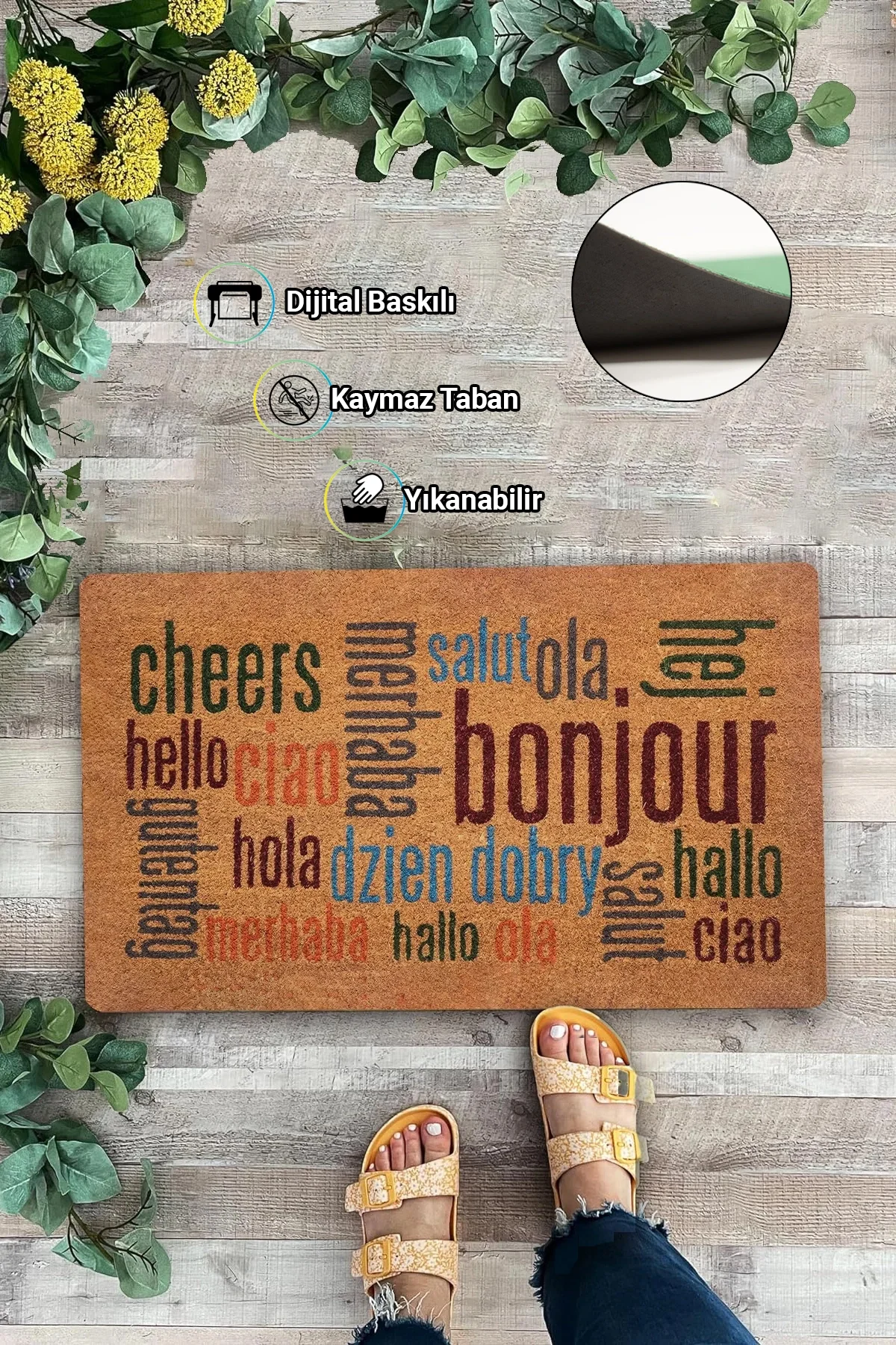 Valerine Life Farklı Dillerde Merhaba Yazılı Hoşgeldiniz işyeri Ev Ofis Kapı Önü Dış Paspası 45x70cm