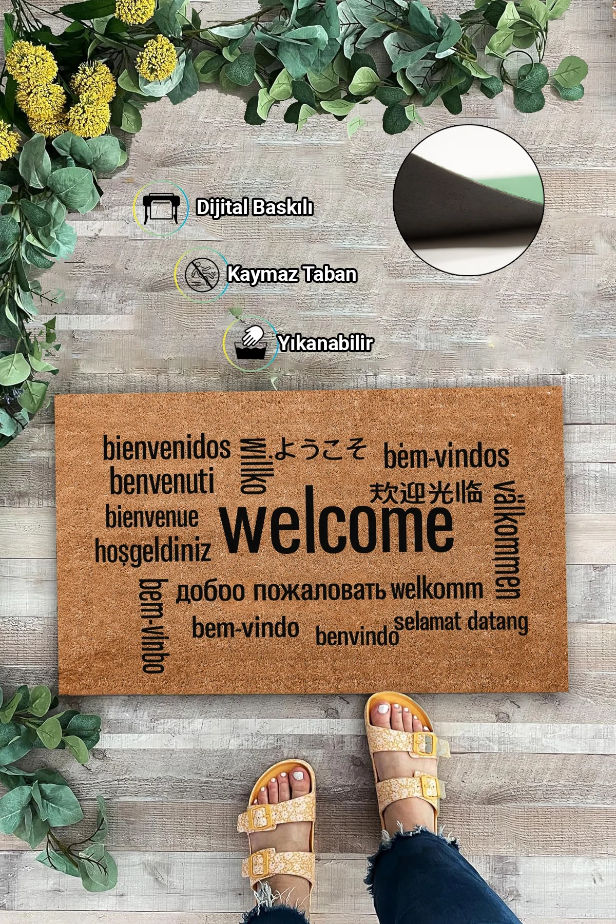 Valerine Life Farklı Dillerde Hoşgeldiniz Yazılı işyeri Ev Ofis Kapı Önü Dış Paspası 45x70cm