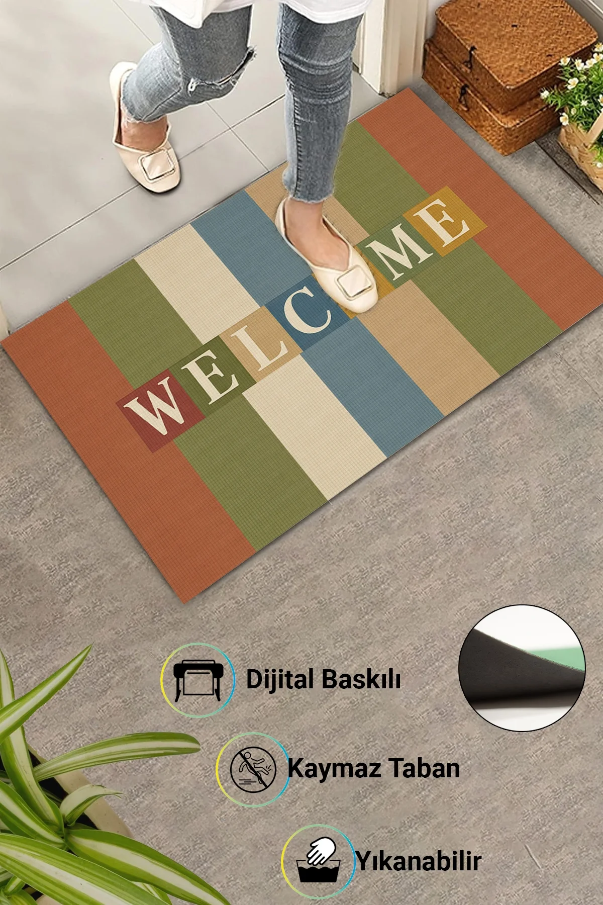 Valerine Life Retro WELCOME Dijital Baskılı Ev Ofis İşyeri Kapı Önü Dış Paspası 45x70cm