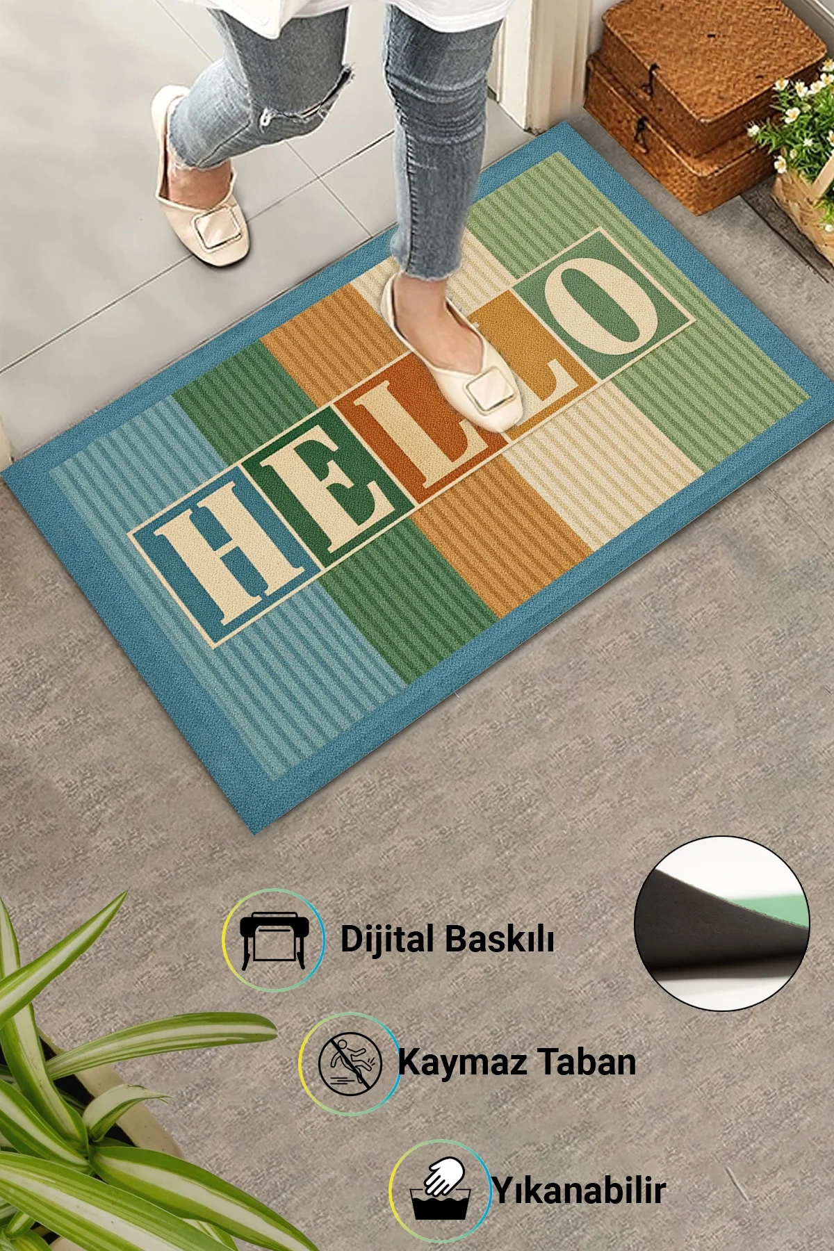 Valerine Life HELLO Retro Tipografi Dijital Baskılı işyeri Ev Ofis Kapı Önü Dış Paspası 45x70cm