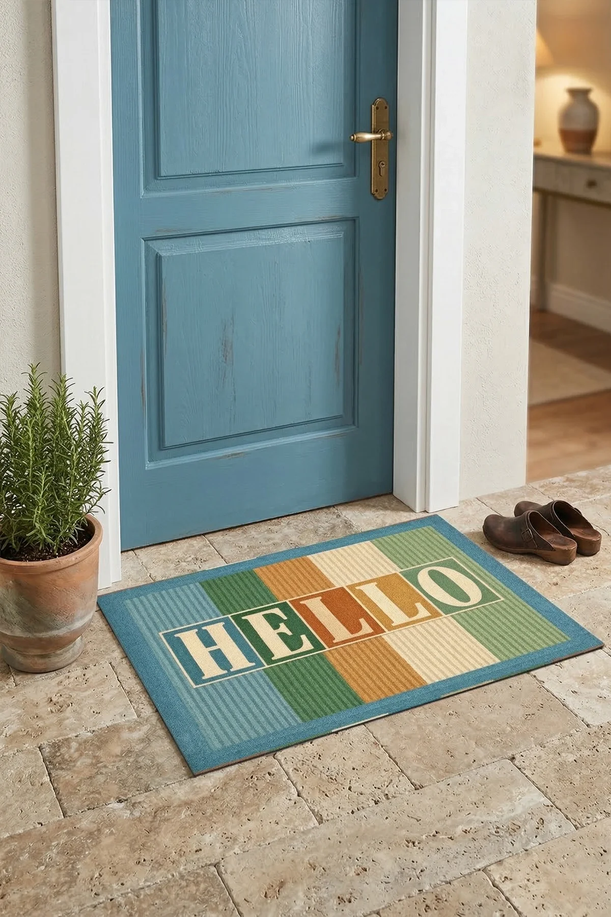 Valerine Life HELLO Retro Tipografi Dijital Baskılı işyeri Ev Ofis Kapı Önü Dış Paspası 45x70cm