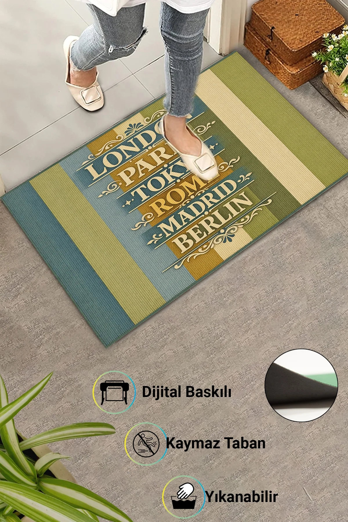 Valerine Life Dünya Başkentleri Yazılı işyeri Ev Ofis Kapı Önü Dış Paspası 45x70cm