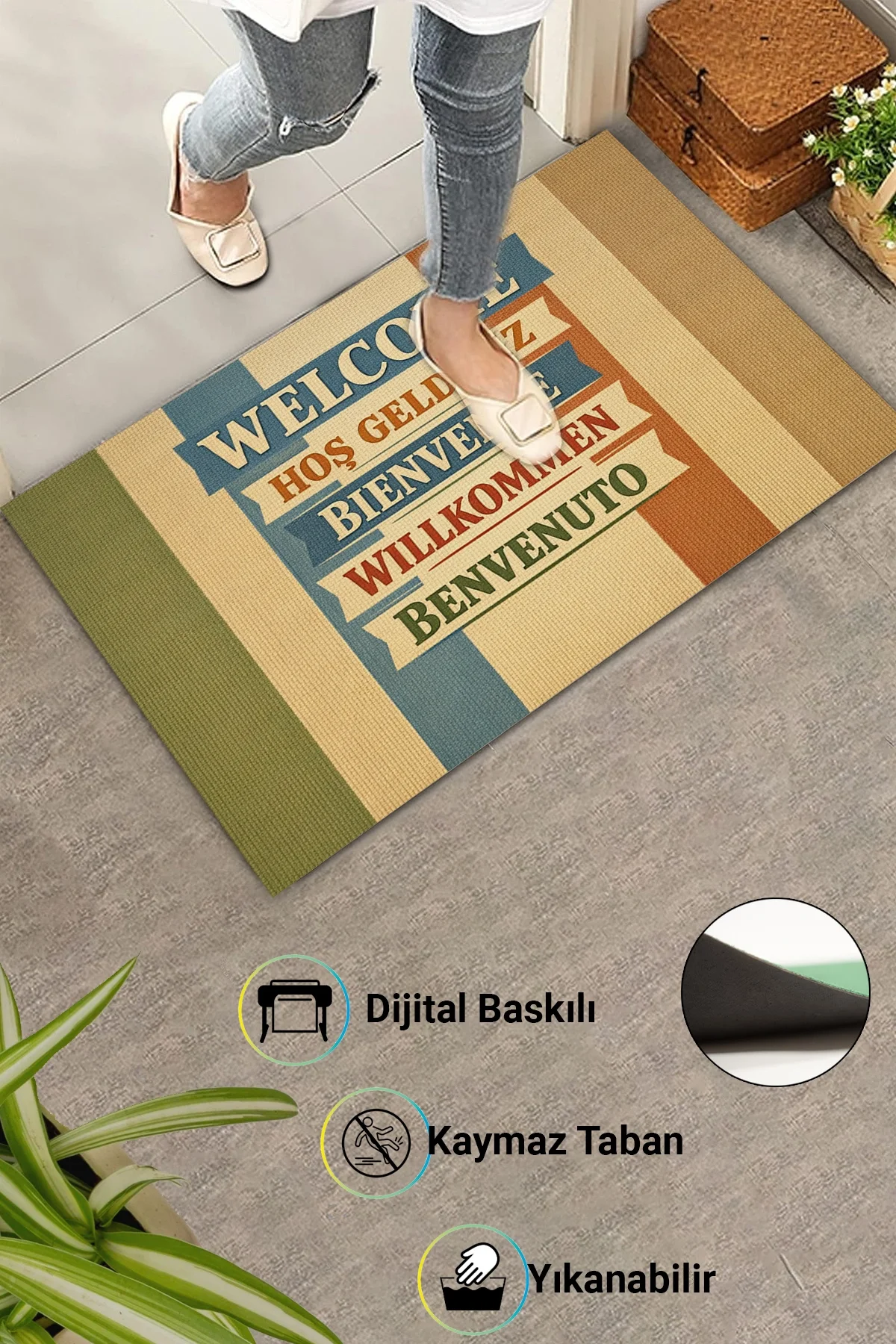 Valerine Life Dünyanın Farklı Dillerinde Hoşgeldiniz işyeri Ev Ofis Kapı Önü Dış Paspası 45x70cm