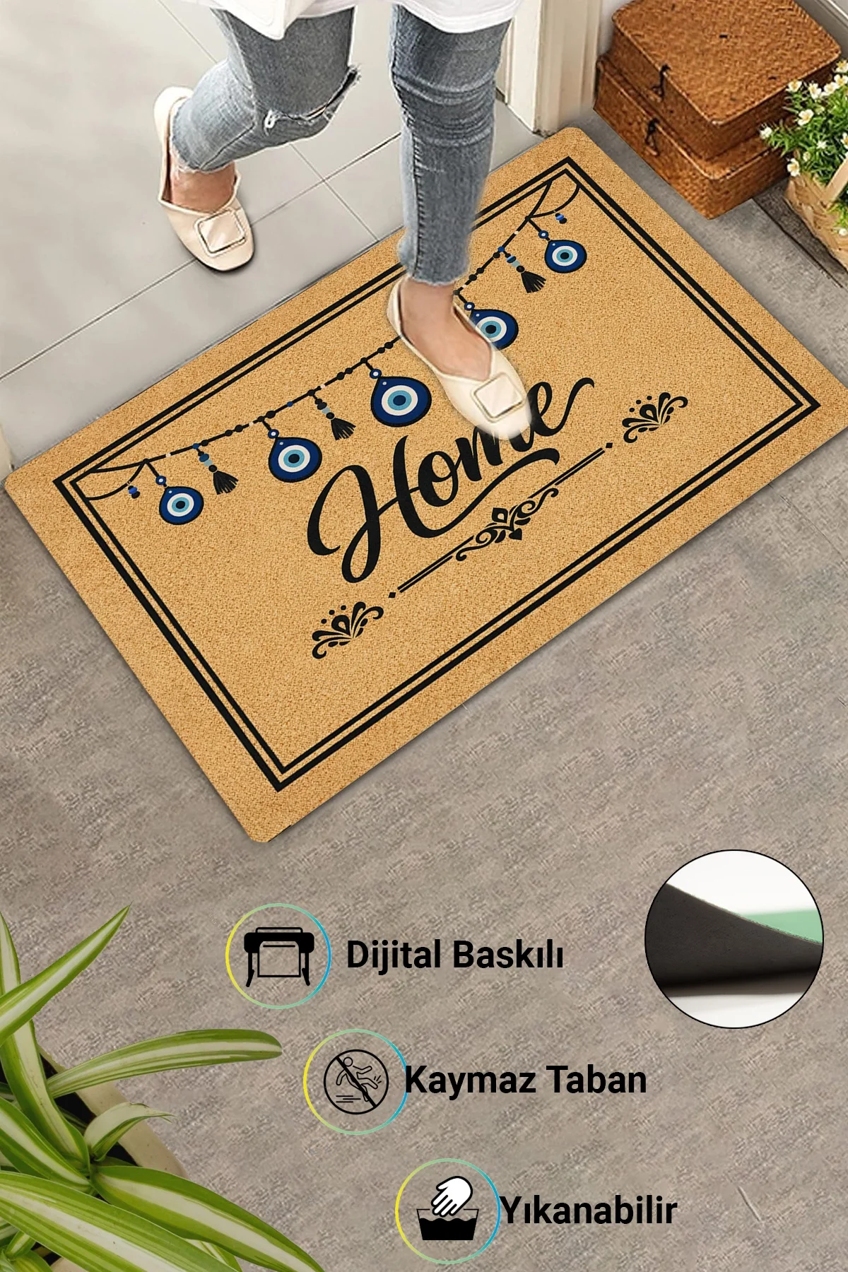 Valerine Life Welcome Nazar Boncuğu Siyah Çerçeve Ev Ofis işyeri Dış Kapı Önü Paspası 45x70cm