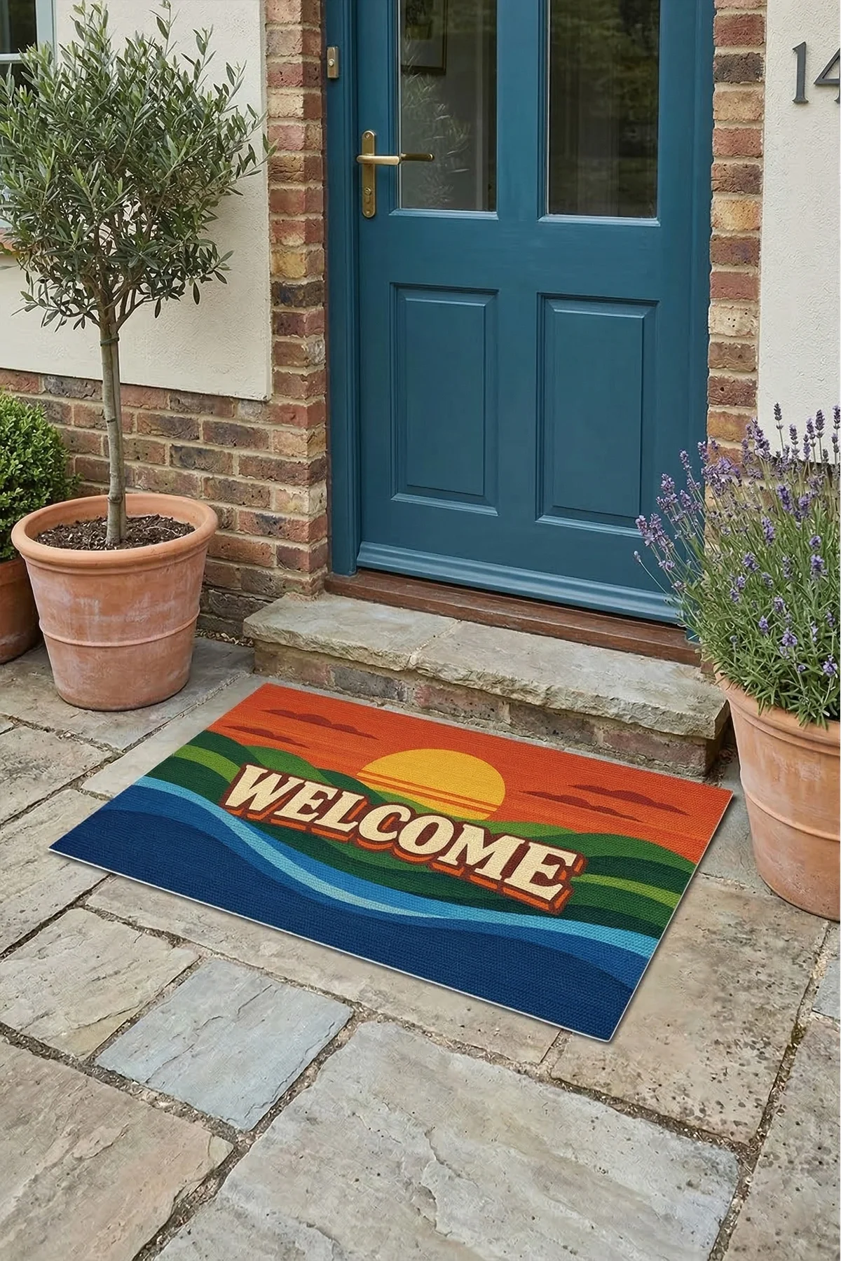 Valerine Life Retro Gün Batımı WELCOME Dijital Baskılı Ev Ofis işyeri Dış Kapı Önü Paspası 45x70cm