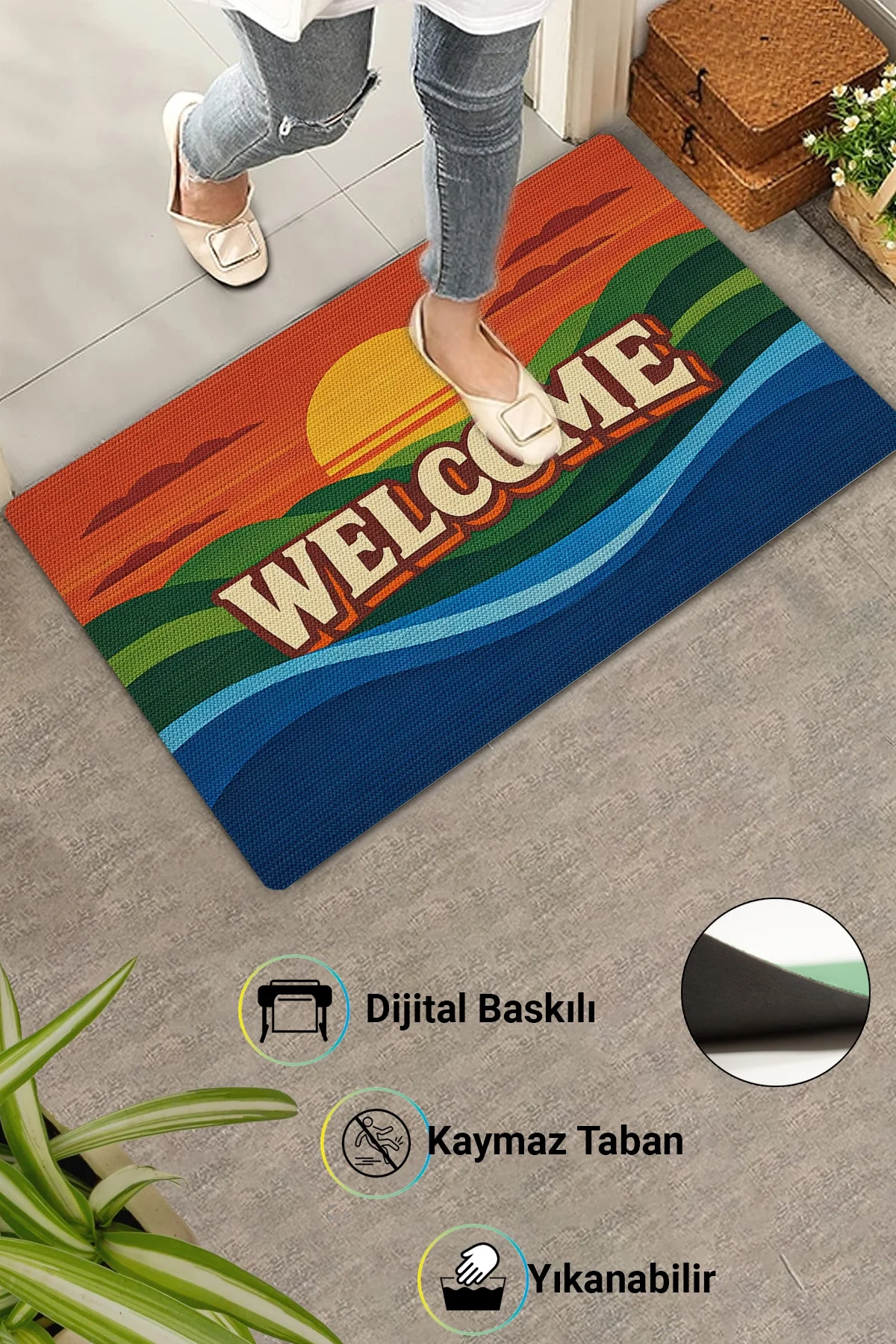Valerine Life Retro Gün Batımı WELCOME Dijital Baskılı Ev Ofis işyeri Dış Kapı Önü Paspası 45x70cm