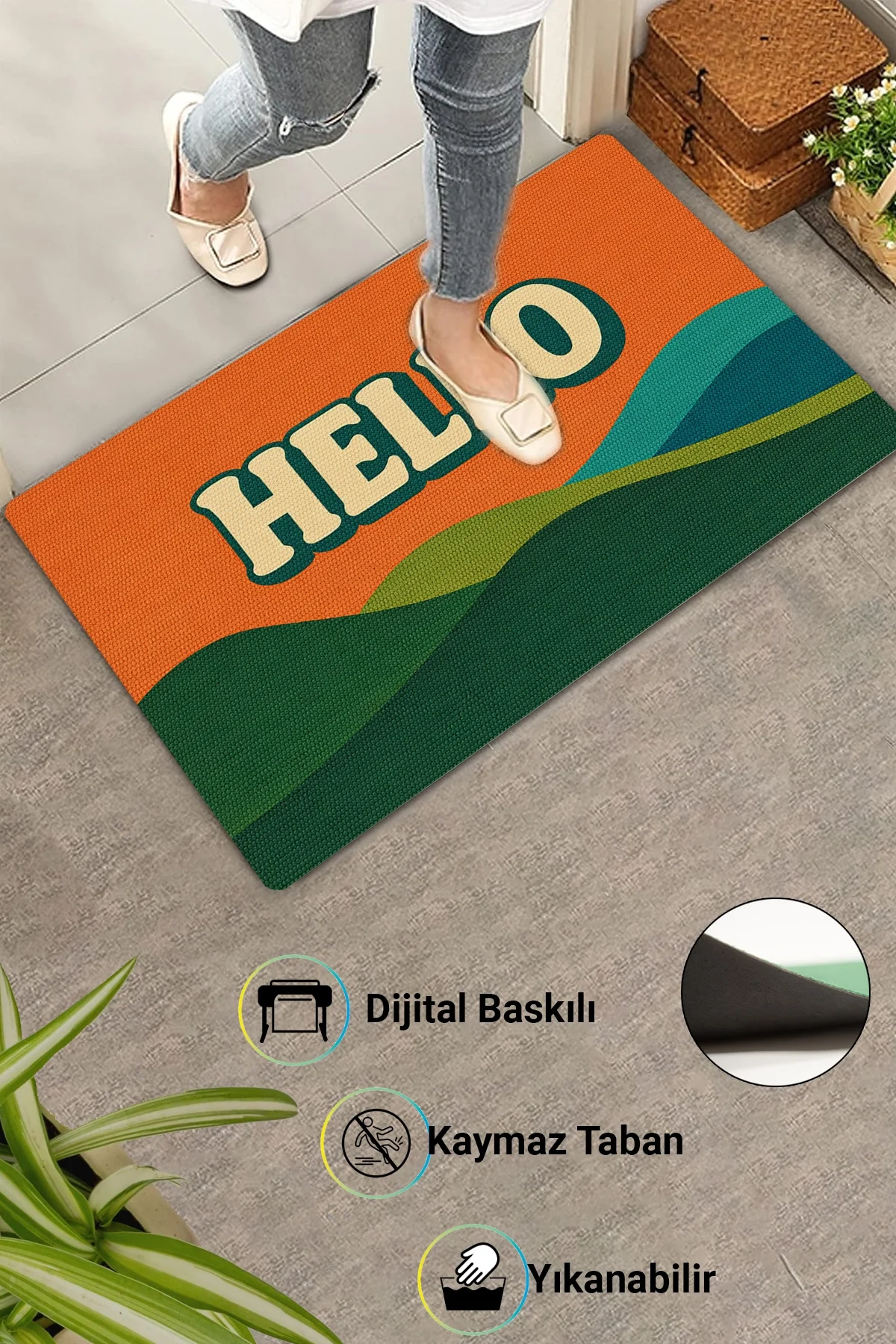 Valerine Life Hello Retro Vintage Çizgili Dijital Baskılı Ev Ofis işyeri Dış Kapı Önü Paspası 45x70cm