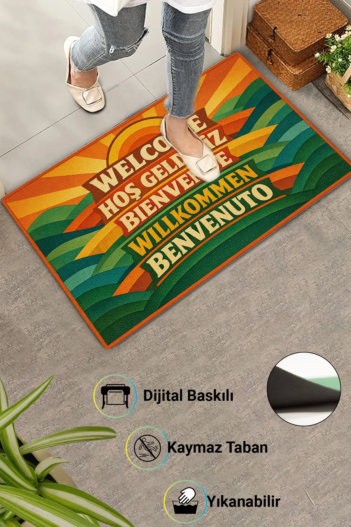 Valerine Life Retro Çok Dilli Welcome Dijital Baskılı Ev Ofis işyeri Dış Kapı Önü Paspası 45x70cm