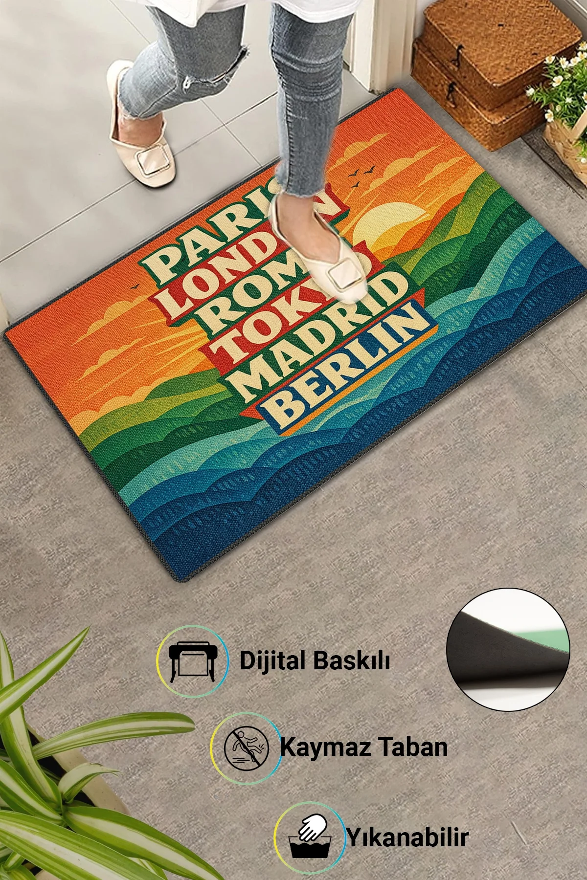 Valerine Life Retro Dünya Başkentleri Dijital Baskılı Ev Ofis işyeri Dış Kapı Önü Paspası 45x70cm