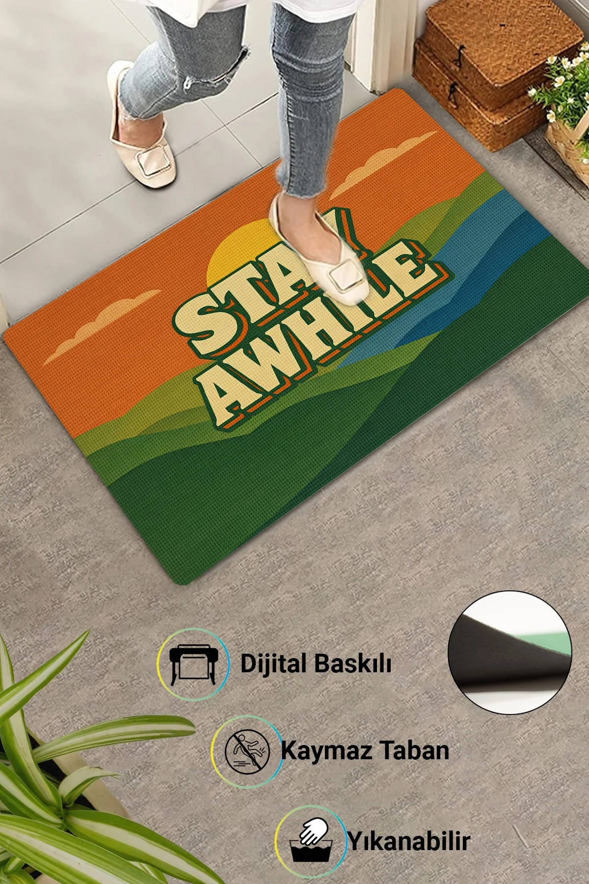 Valerine Life Retro 70’ler Stay Awhile Dijital Baskılı Ev Ofis işyeri Dış Kapı Önü Paspası 45x70cm