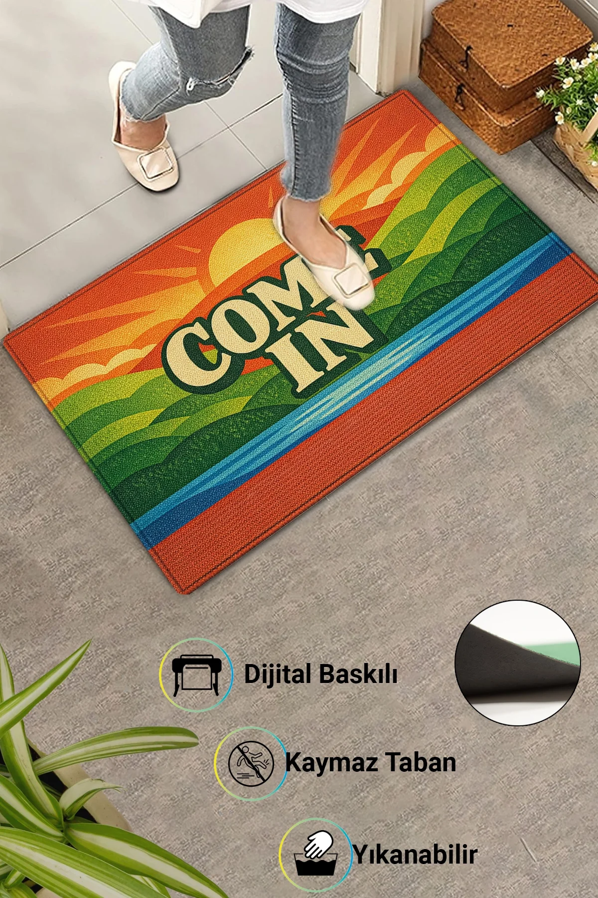 Valerine Life Retro COME IN Yazılı Dijital Baskılı Ev Ofis işyeri Dış Kapı Önü Paspası 45x70cm