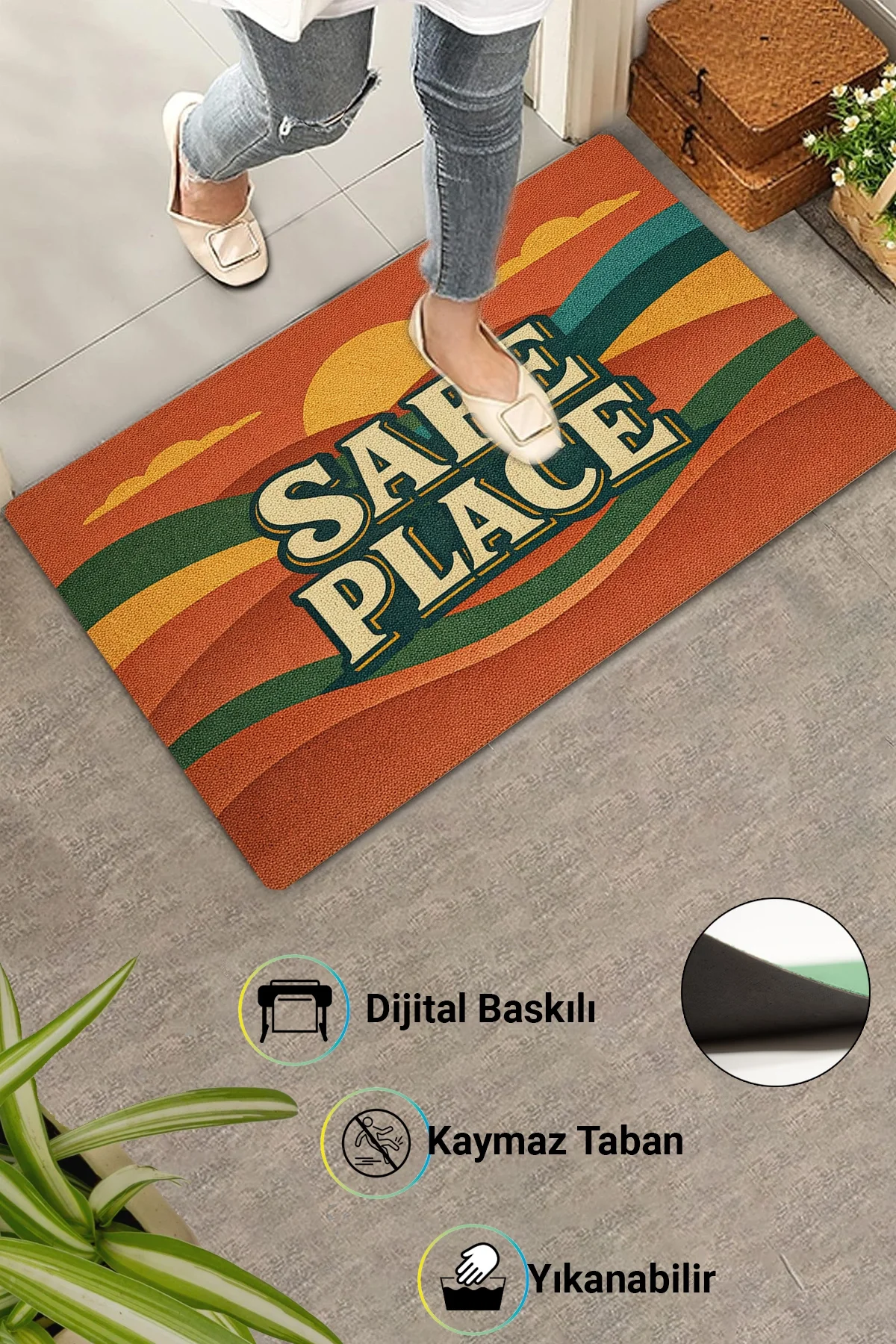 Valerine Life SAFE PLACE Vintage Sunset Dijital Baskılı Ev Ofis işyeri Dış Kapı Önü Paspası 45x70cm