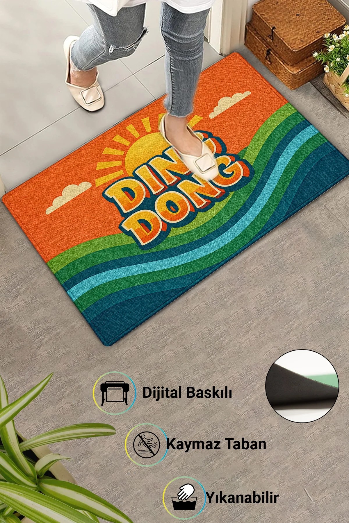 Valerine Life DING DONG Retro 70ler Dijital Baskılı Ev Ofis işyeri Dış Kapı Önü Paspası 45x70cm