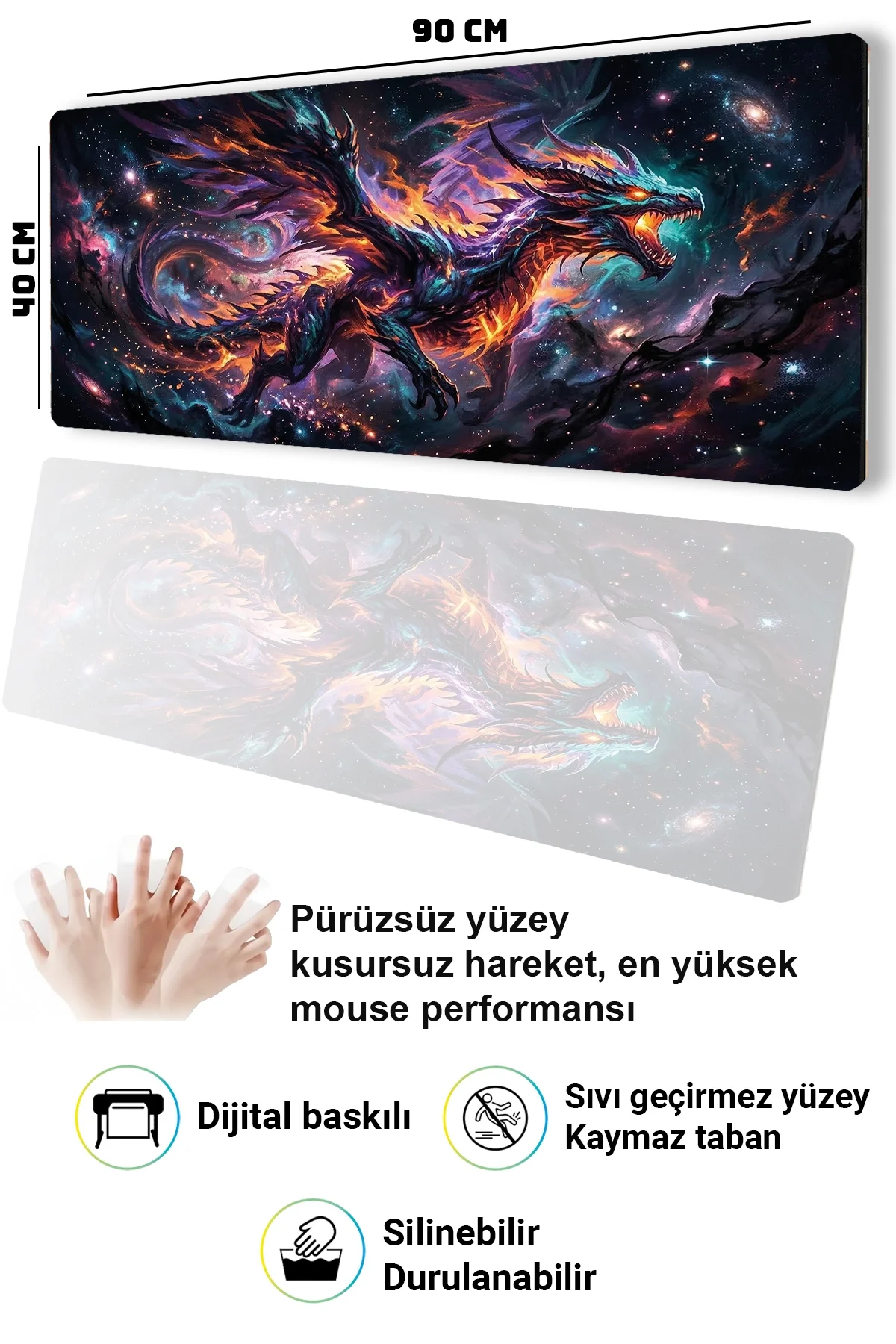 SonicTouch Galaksi Ejderhası Siyah Dikişsiz Pürüzsüz Sıvı Geçirmez XXL Gamer Klavye Mousepad 40x90cm