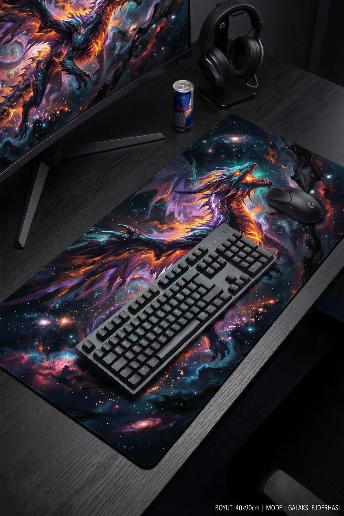 SonicTouch Galaksi Ejderhası Siyah Dikişsiz Pürüzsüz Sıvı Geçirmez XXL Gamer Klavye Mousepad 40x90cm