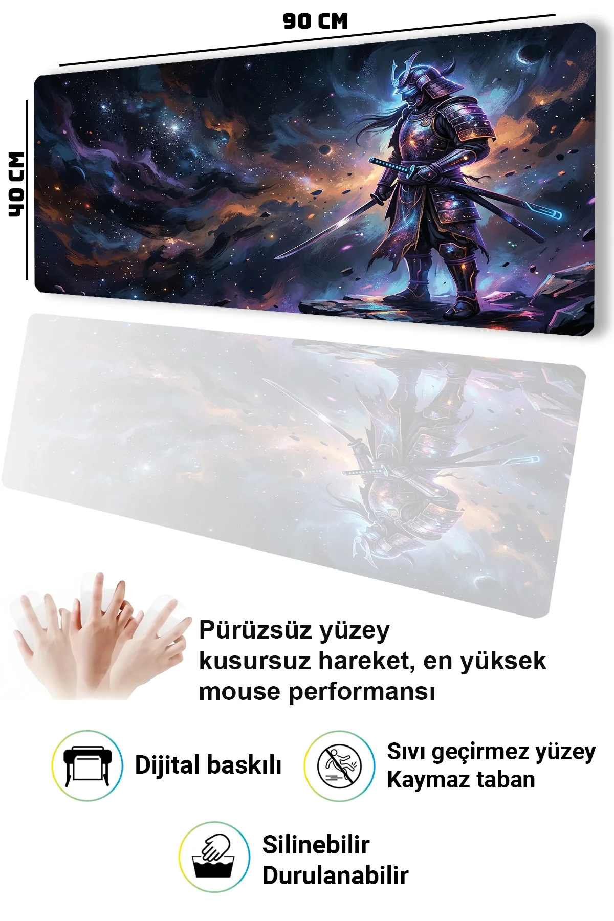 SonicTouch Evren Savaşçısı Samuray Dikişsiz Pürüzsüz Sıvı Geçirmez XXL Gamer Klavye Mousepad 40x90cm