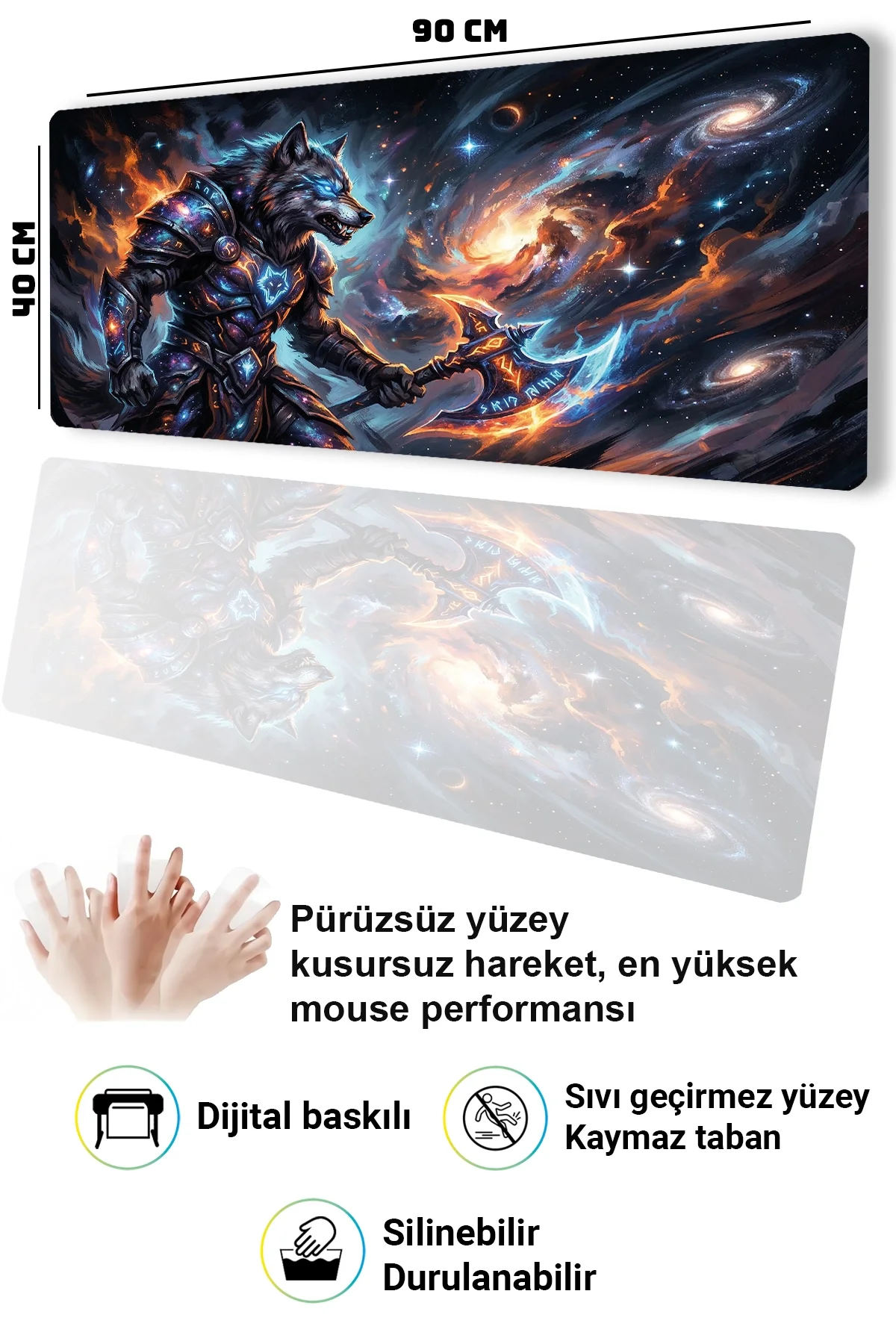 SonicTouch Kurt Savaşçı Siyah Dikişsiz Pürüzsüz Sıvı Geçirmez XXL Gamer Klavye Mousepad 40x90cm