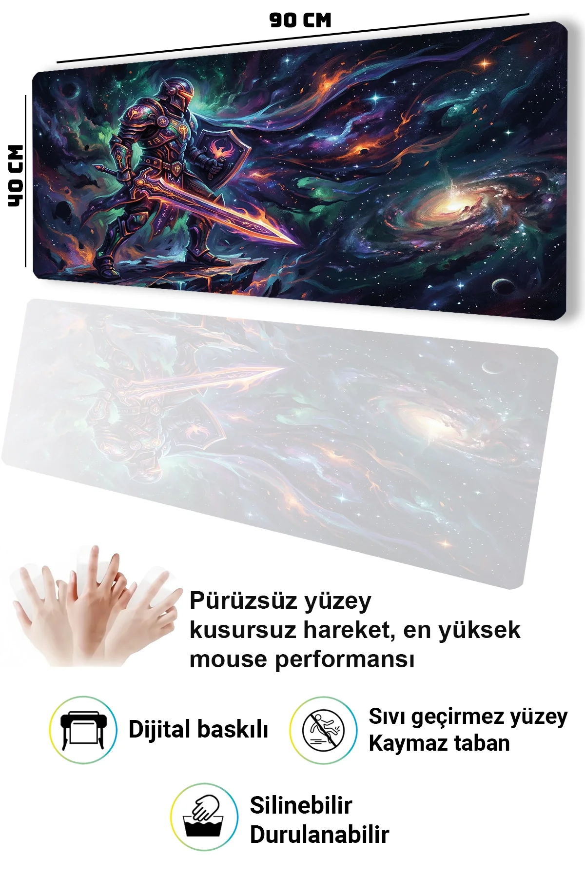 SonicTouch Kozmik Şövalye Siyah Dikişsiz Pürüzsüz Sıvı Geçirmez XXL Gamer Klavye Mousepad 40x90cm