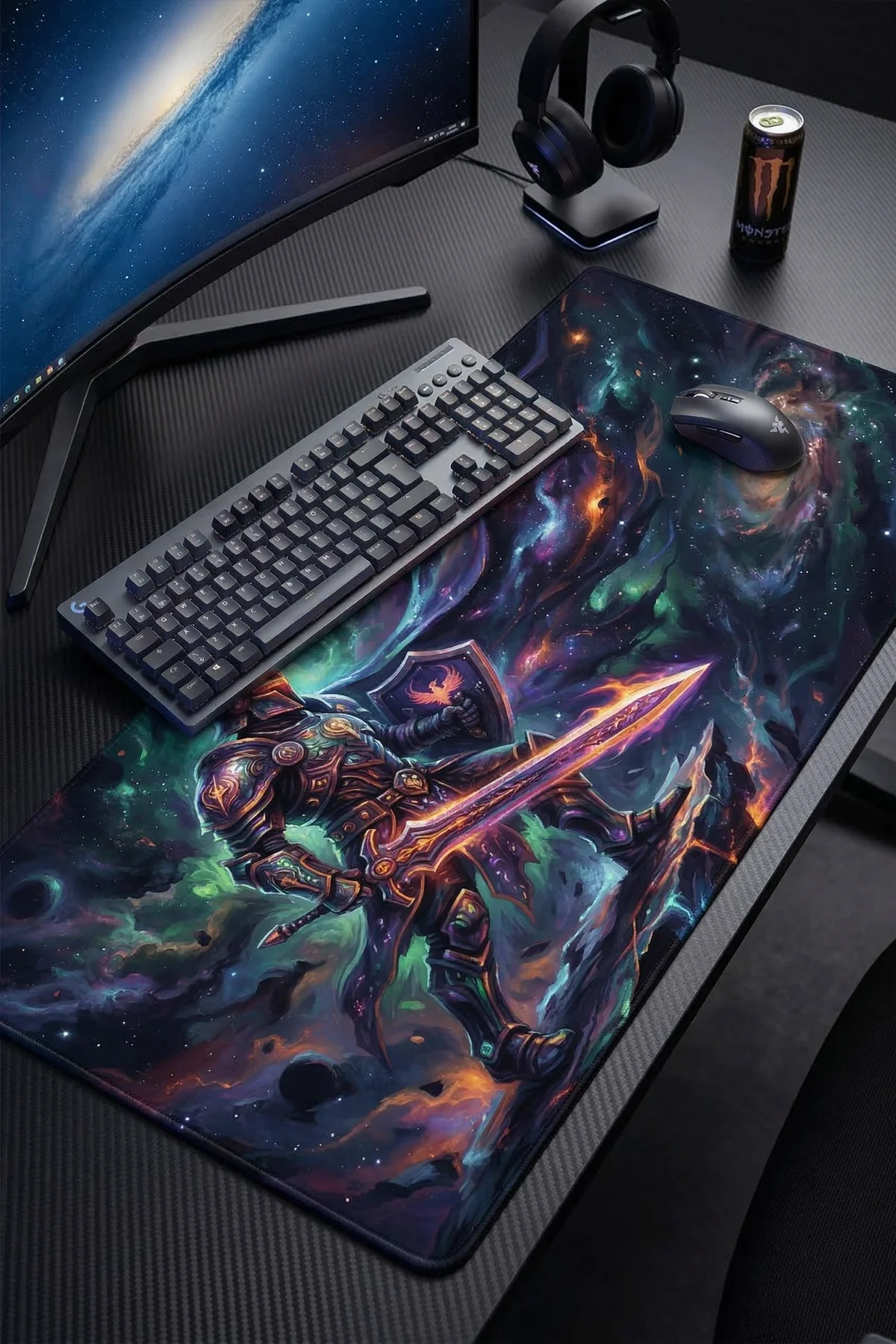 SonicTouch Kozmik Şövalye Siyah Dikişsiz Pürüzsüz Sıvı Geçirmez XXL Gamer Klavye Mousepad 40x90cm