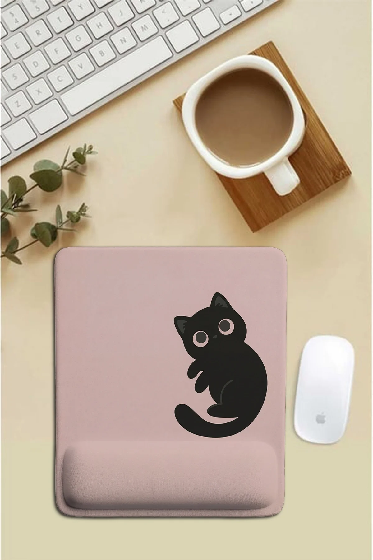 SonicTouch Pembe Bilek Destekli Siyah Kedili Dikdörtgen Pürüzsüz Yüzey Ergonomik Mouse Pad 18x22cm