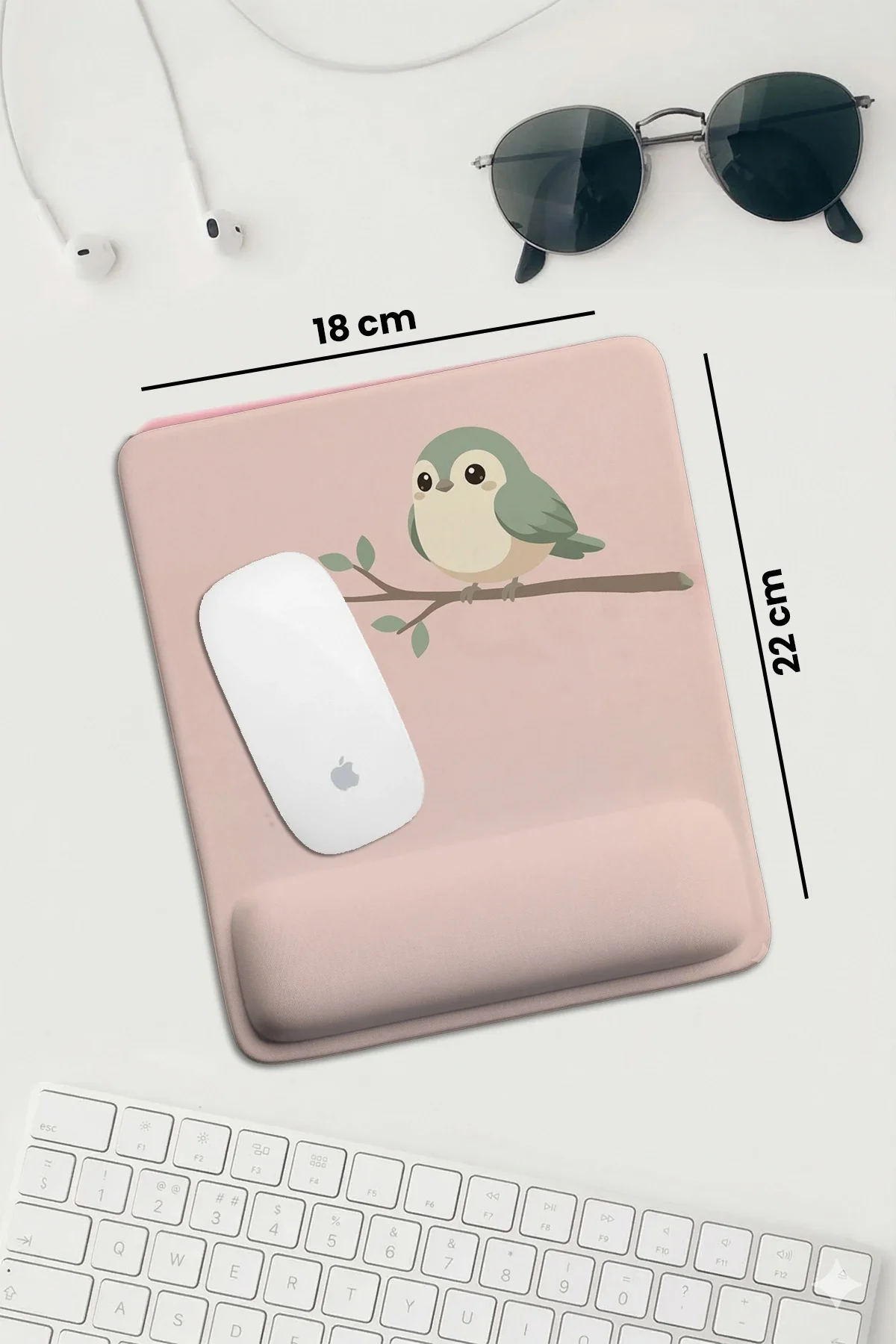 SonicTouch Pembe Bilek Destekli Minnoş Kuş Dikdörtgen Pürüzsüz Yüzey Ergonomik Mouse Pad 18x22cm