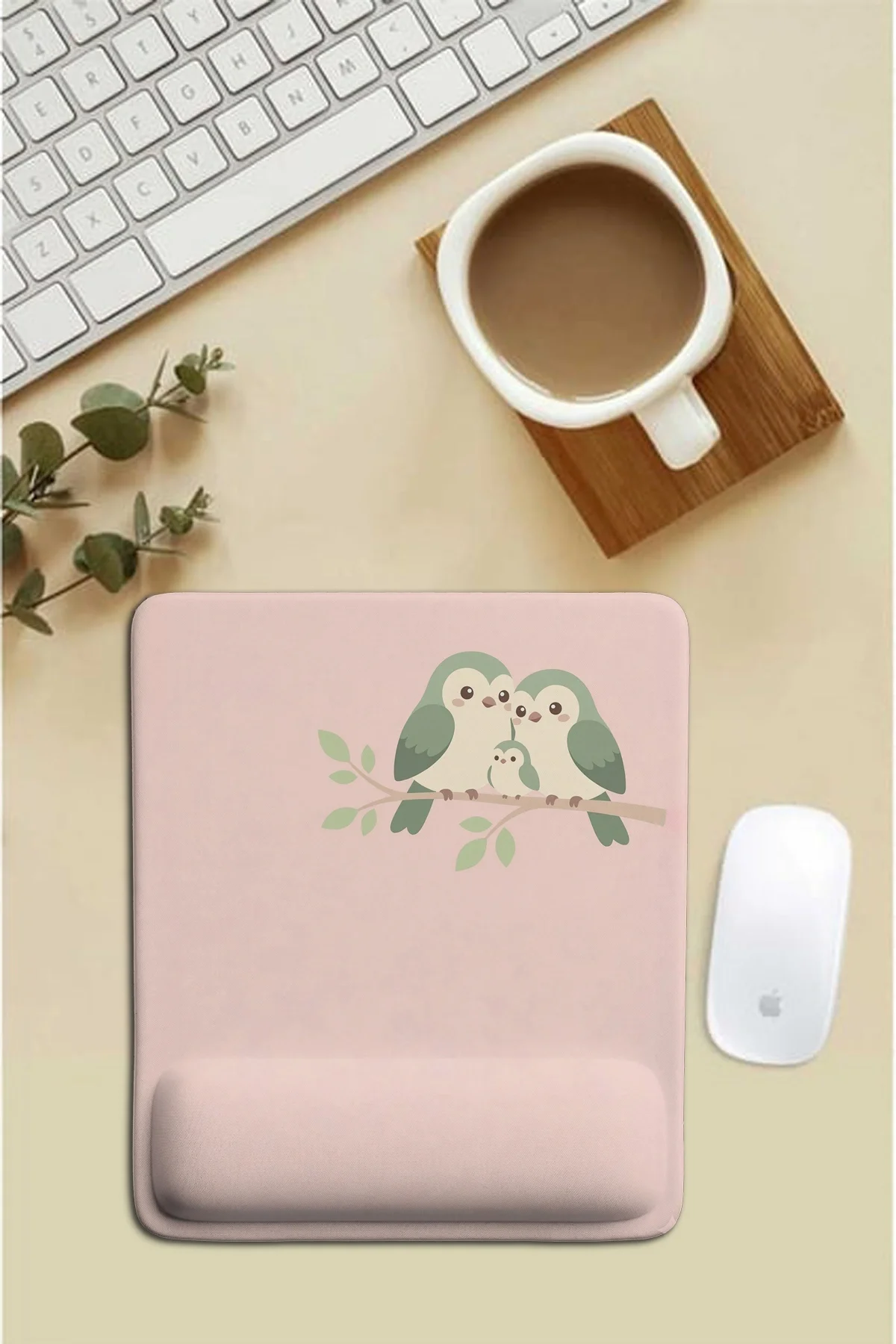 SonicTouch Pembe Bilek Minnoş Kuş Ailesi Dikdörtgen Pürüzsüz Yüzey Ergonomik Mouse Pad 18x22cm