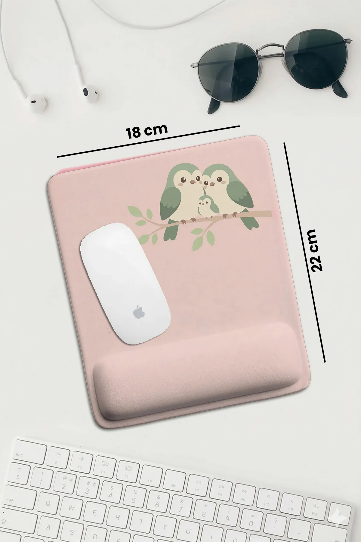 SonicTouch Pembe Bilek Minnoş Kuş Ailesi Dikdörtgen Pürüzsüz Yüzey Ergonomik Mouse Pad 18x22cm
