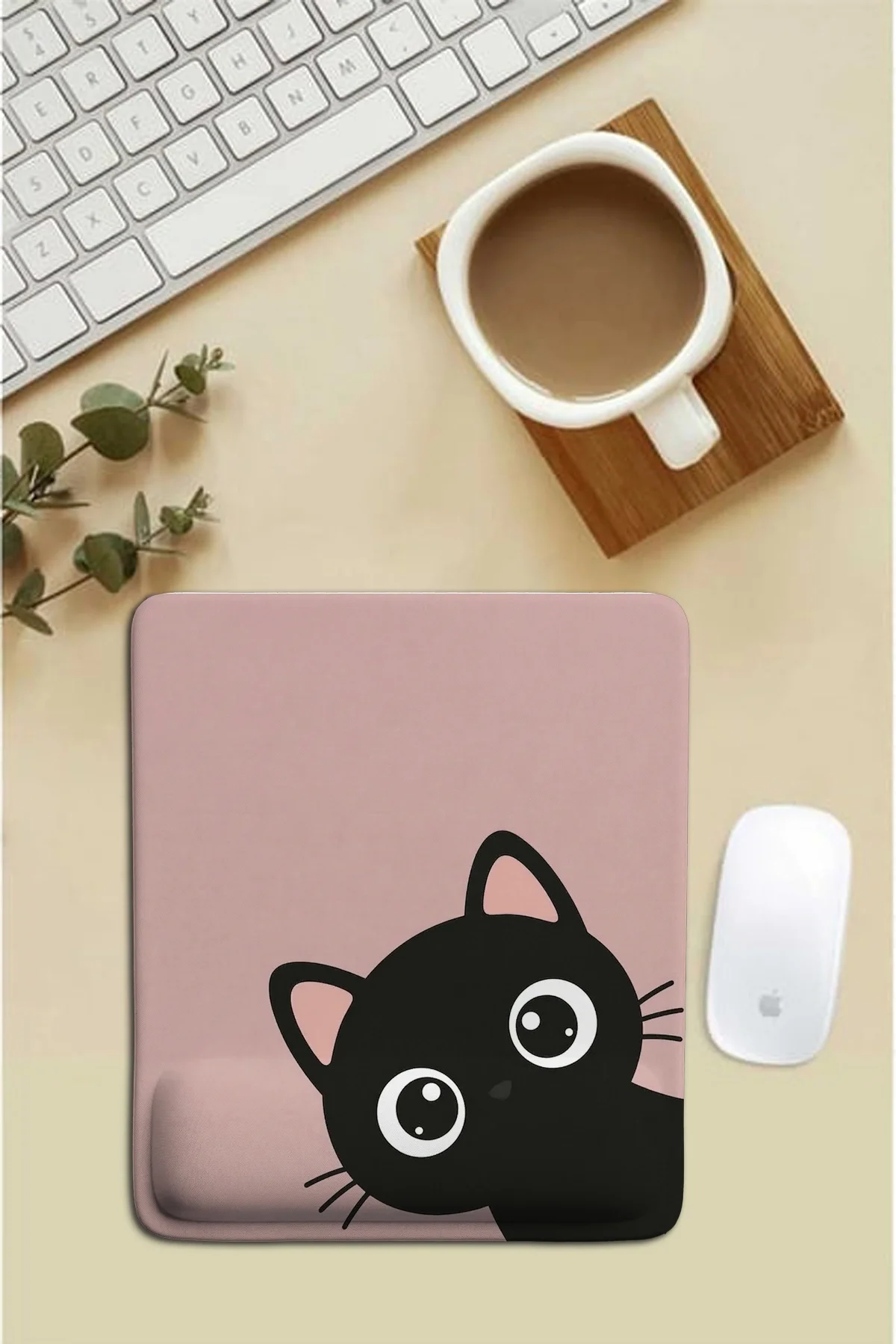 SonicTouch Pembe Bilek Meraklı Siyah Kedi Dikdörtgen Pürüzsüz Yüzey Ergonomik Mouse Pad 18x22cm