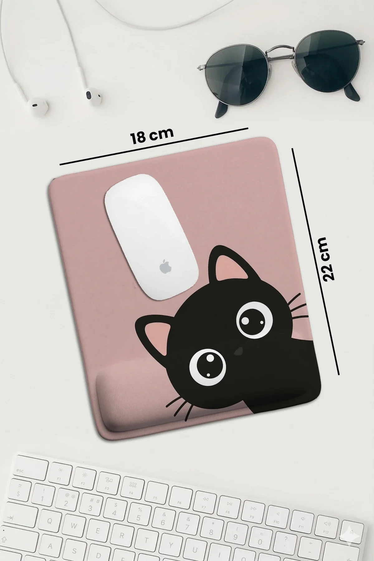 SonicTouch Pembe Bilek Meraklı Siyah Kedi Dikdörtgen Pürüzsüz Yüzey Ergonomik Mouse Pad 18x22cm