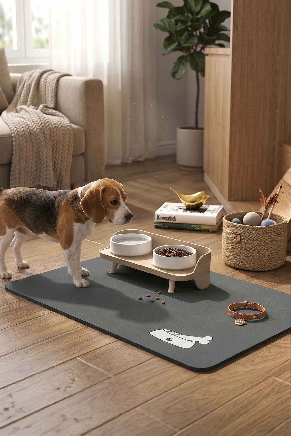 MAtGo Pati Evcil Hayvan Beslenme Matı Kemik Figürlü Su Geçirmez Kaymaz Gri Kedi Köpek Mama Paspası 50x70cm