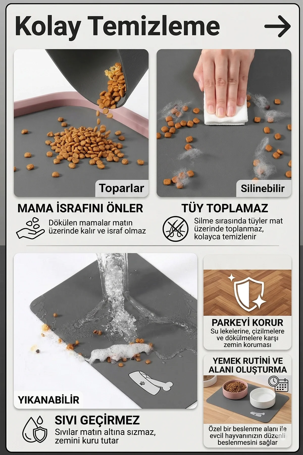 MAtGo Pati Evcil Hayvan Beslenme Matı Kemik Figürlü Su Geçirmez Kaymaz Gri Kedi Köpek Mama Paspası 50x70cm