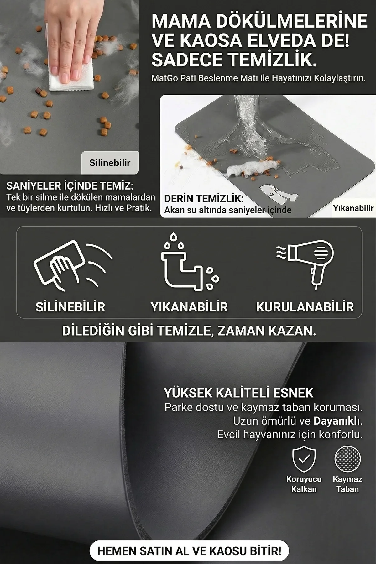 MAtGo Pati Evcil Hayvan Beslenme Matı Kemik Figürlü Su Geçirmez Kaymaz Gri Kedi Köpek Mama Paspası 50x70cm