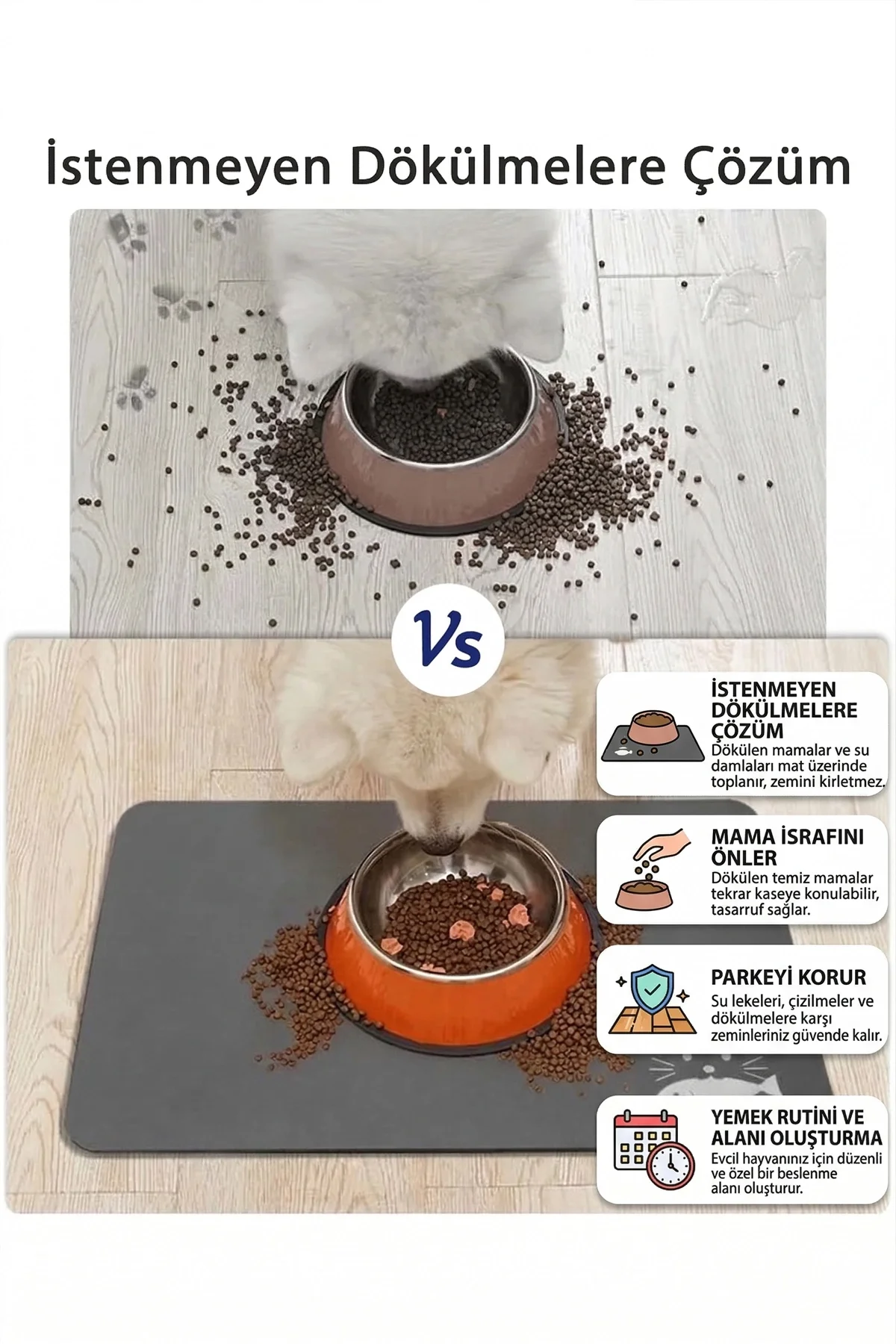 MAtGo Pati Evcil Hayvan Beslenme Matı Balık Figürlü Su Geçirmez Kaymaz Gri Kedi Köpek Mama Paspası 50x70cm