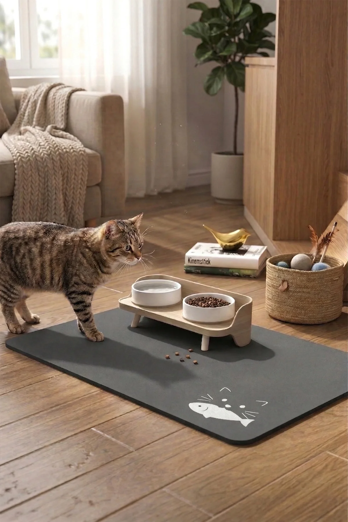 MAtGo Pati Evcil Hayvan Beslenme Matı Balık Figürlü Su Geçirmez Kaymaz Gri Kedi Köpek Mama Paspası 50x70cm