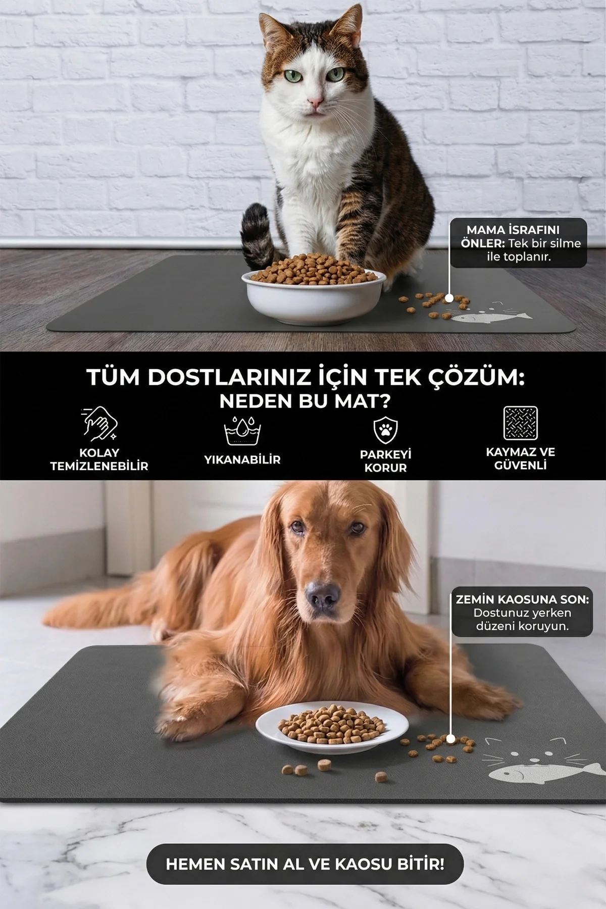 MAtGo Pati Evcil Hayvan Beslenme Matı Balık Figürlü Su Geçirmez Kaymaz Gri Kedi Köpek Mama Paspası 50x70cm