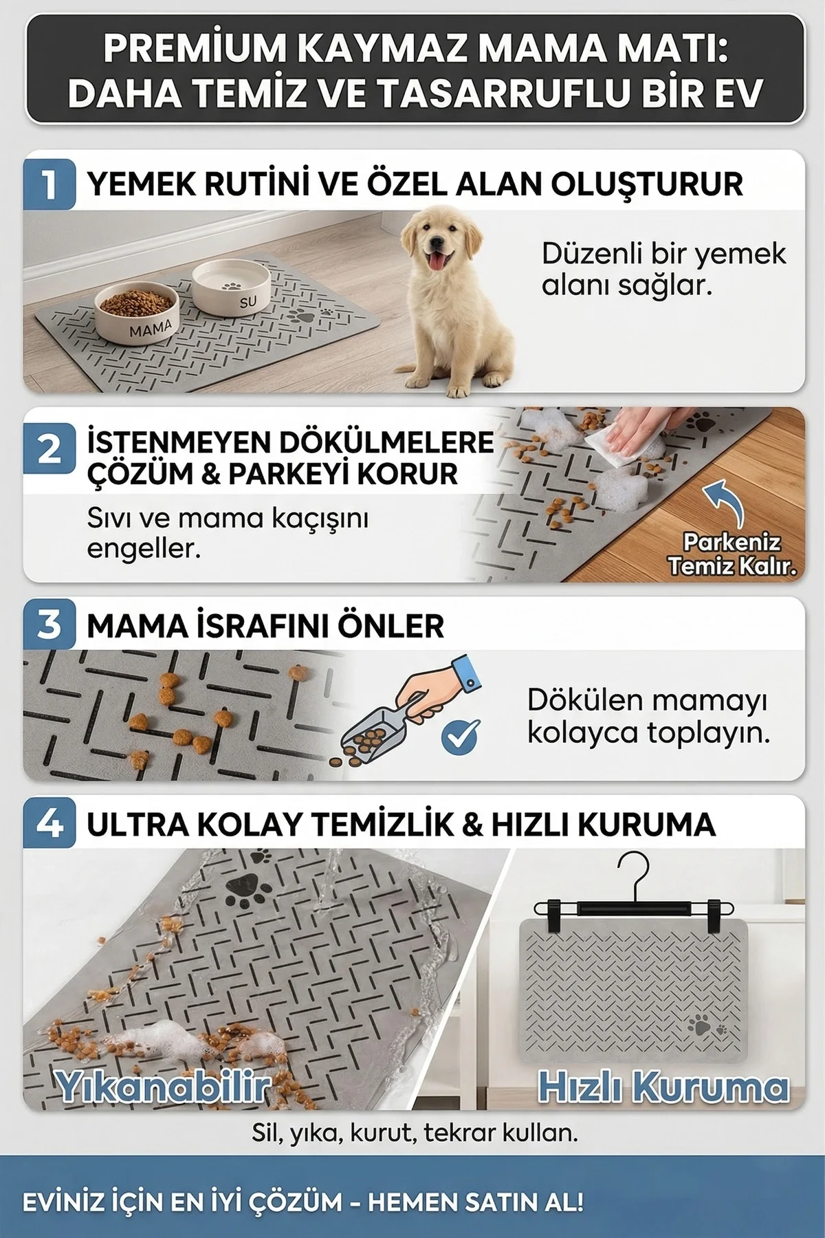 MAtGo Pati Evcil Hayvan Beslenme Matı Çizgi Patili Su Geçirmez Kaymaz Krem Kedi Köpek Mama Paspası 50x70cm