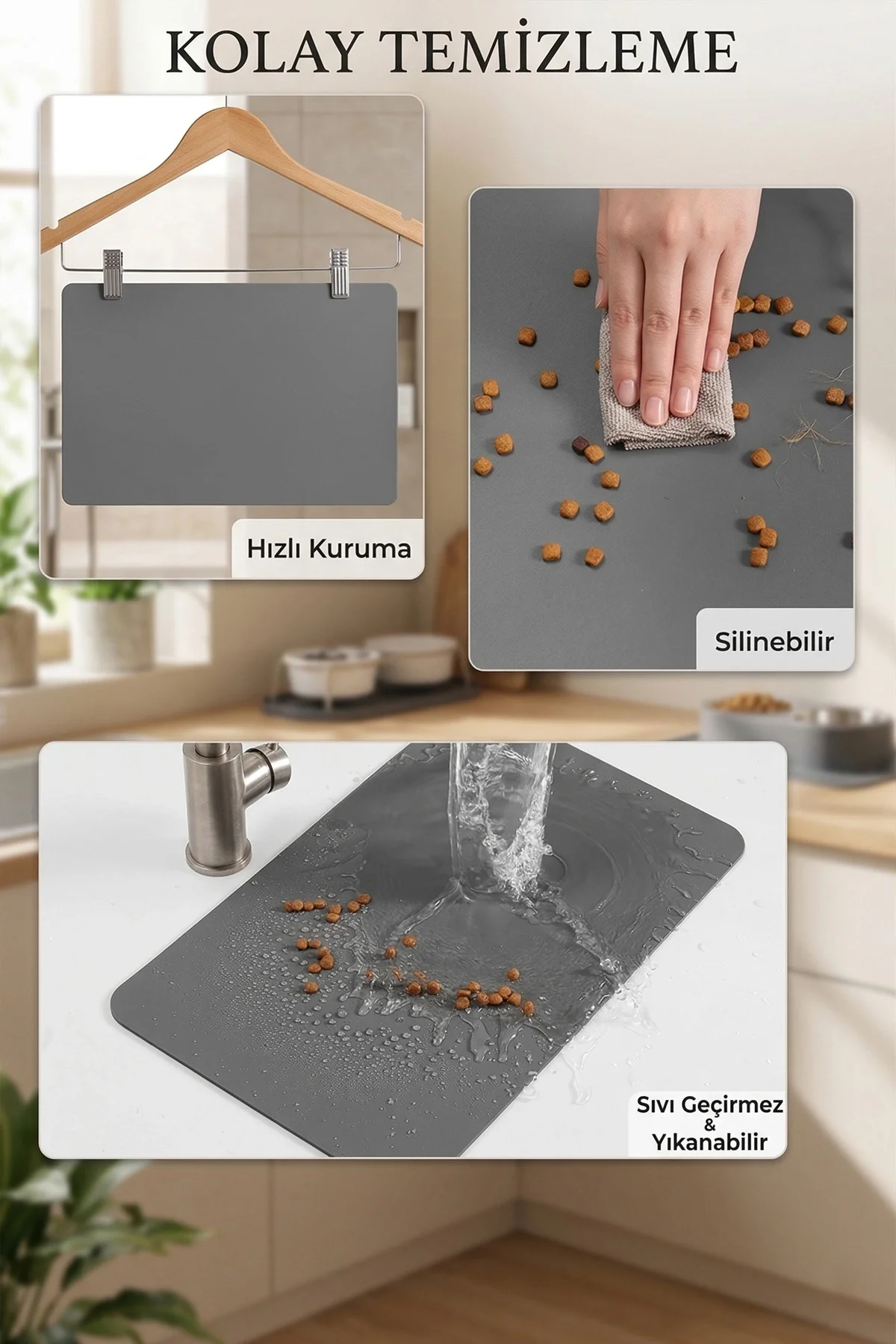 MAtGo Pati Mama Çeken Kedi Gri Renk Beslenme Matı Kaymaz Sıvı Geçirmez Kedi Köpek Mama Paspası 50x70cm