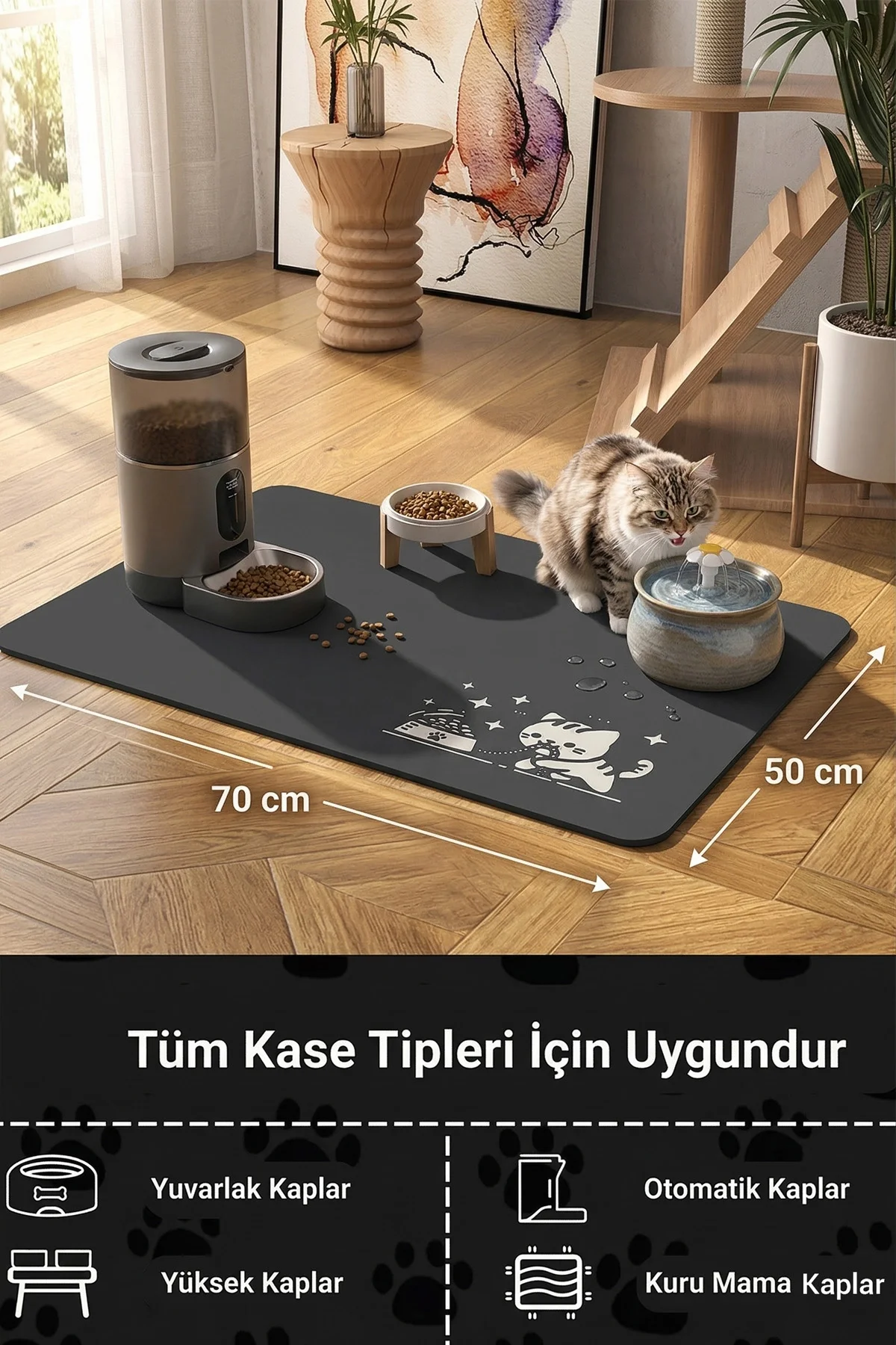 MAtGo Pati Mama Çeken Kedi Gri Renk Beslenme Matı Kaymaz Sıvı Geçirmez Kedi Köpek Mama Paspası 50x70cm