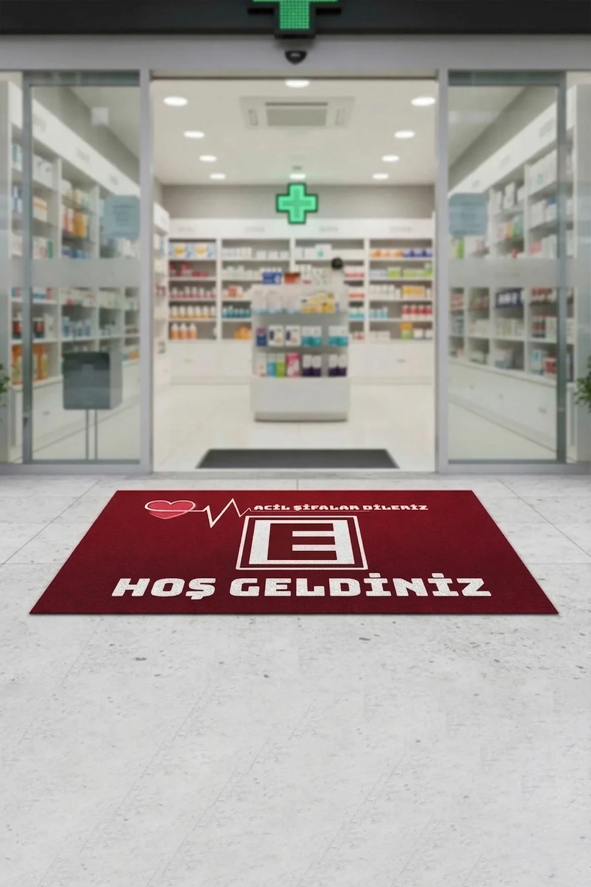 Valerine Life Eczane Logolu Kırmızı Acil Şifalar Dileriz Hoşgeldiniz İşyeri Kapı Önü Paspası 45x70cm